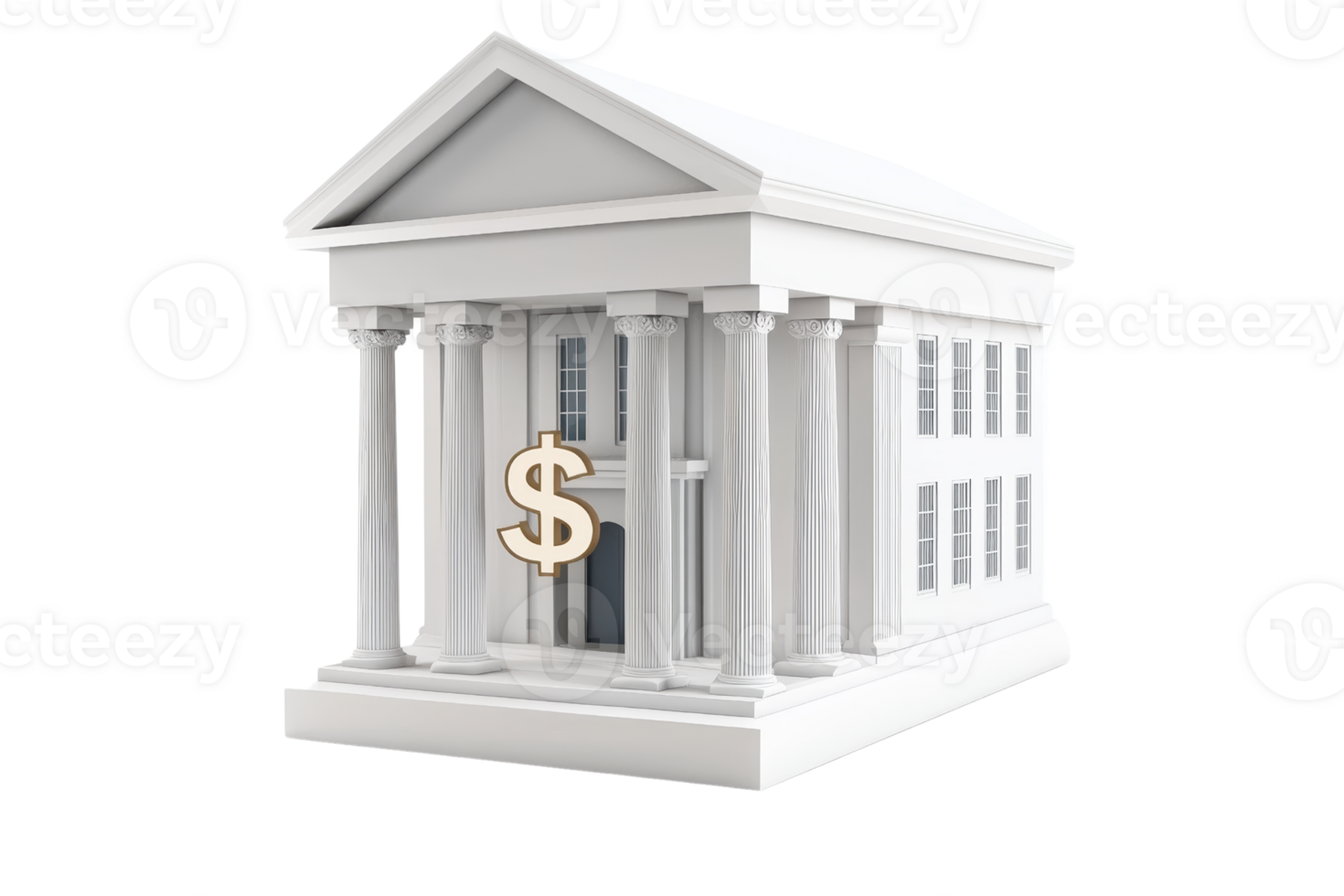 A stylized white building resembling a bank with columns and a dollar sign at the entrance. png