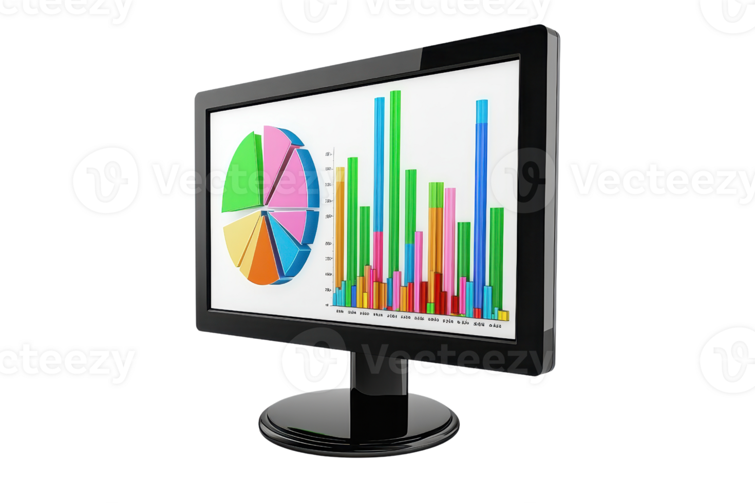 A sleek monitor displaying colorful graphs and charts that represent data analysis. png