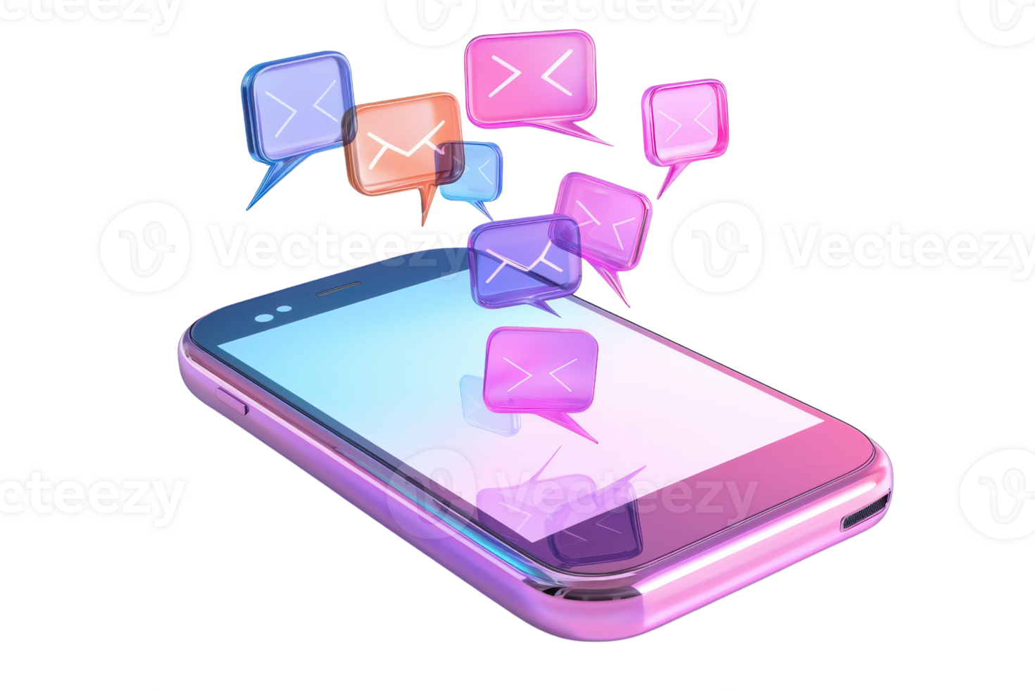 A smartphone with colorful message bubbles emerging from its screen. png
