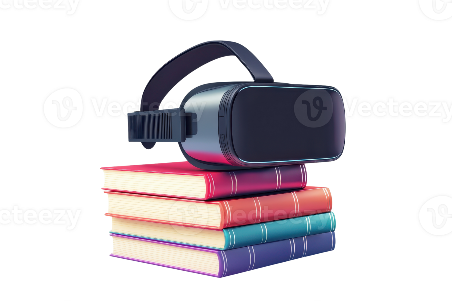 A virtual reality headset rests on a stack of colorful books, symbolizing the blend of technology and education. png