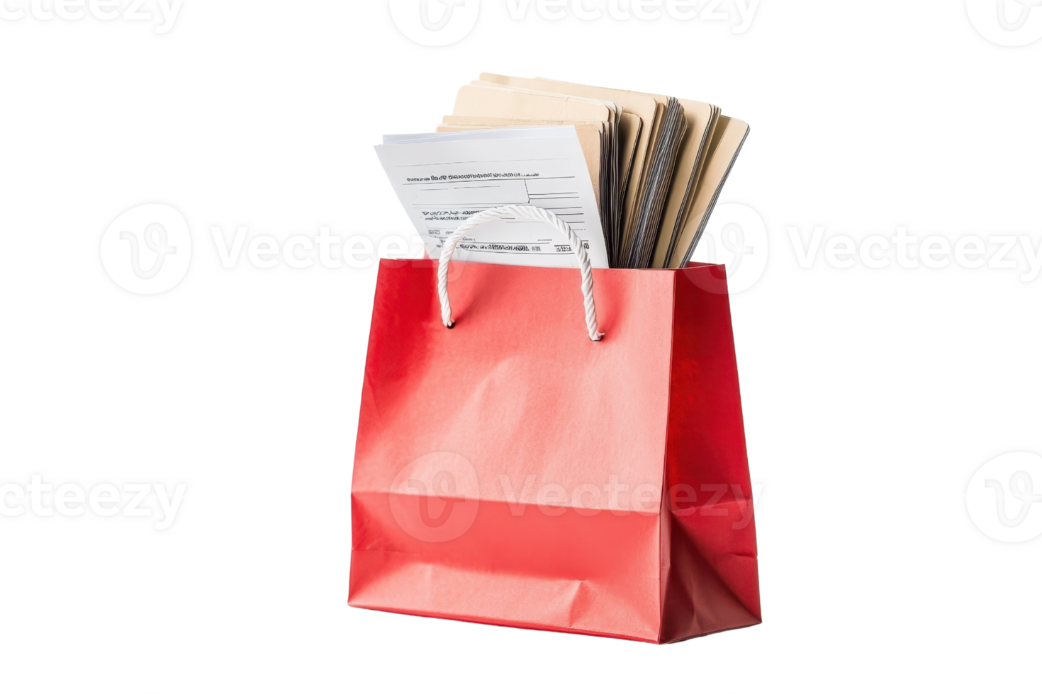 A vibrant red shopping bag filled with various papers and documents, showcasing its purpose for carrying items. png