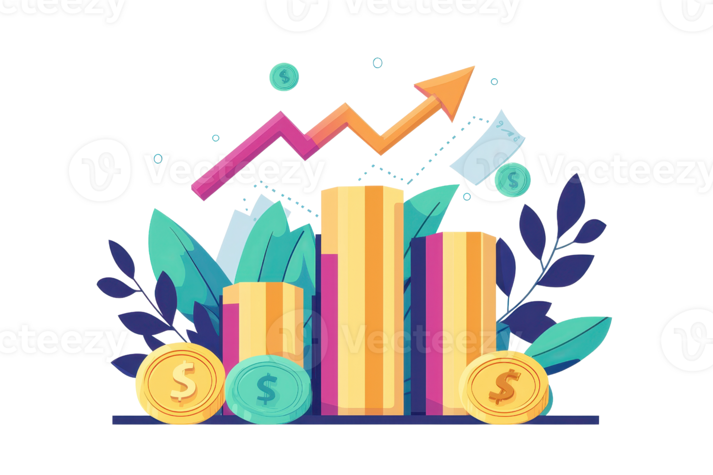 A colorful graph with upward trends, bar charts, and coins, representing financial growth and investment insights. png