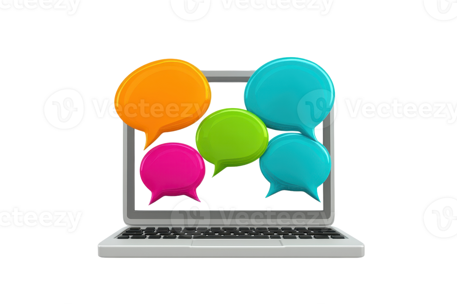 A laptop displays colorful speech bubbles, symbolizing communication and online interaction. png