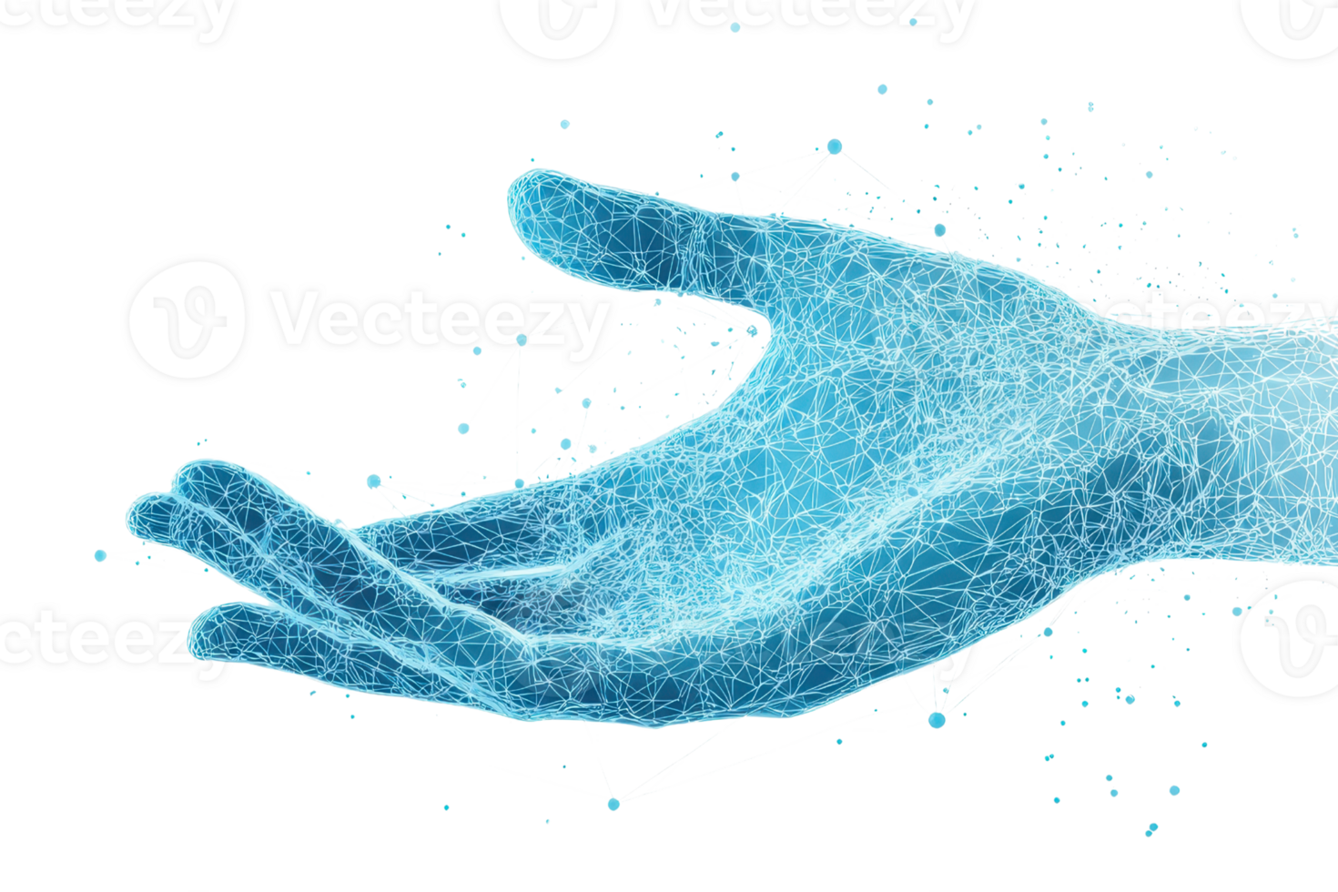 A digitally rendered blue hand extending outward, symbolizing technology and connection in a futuristic style. png