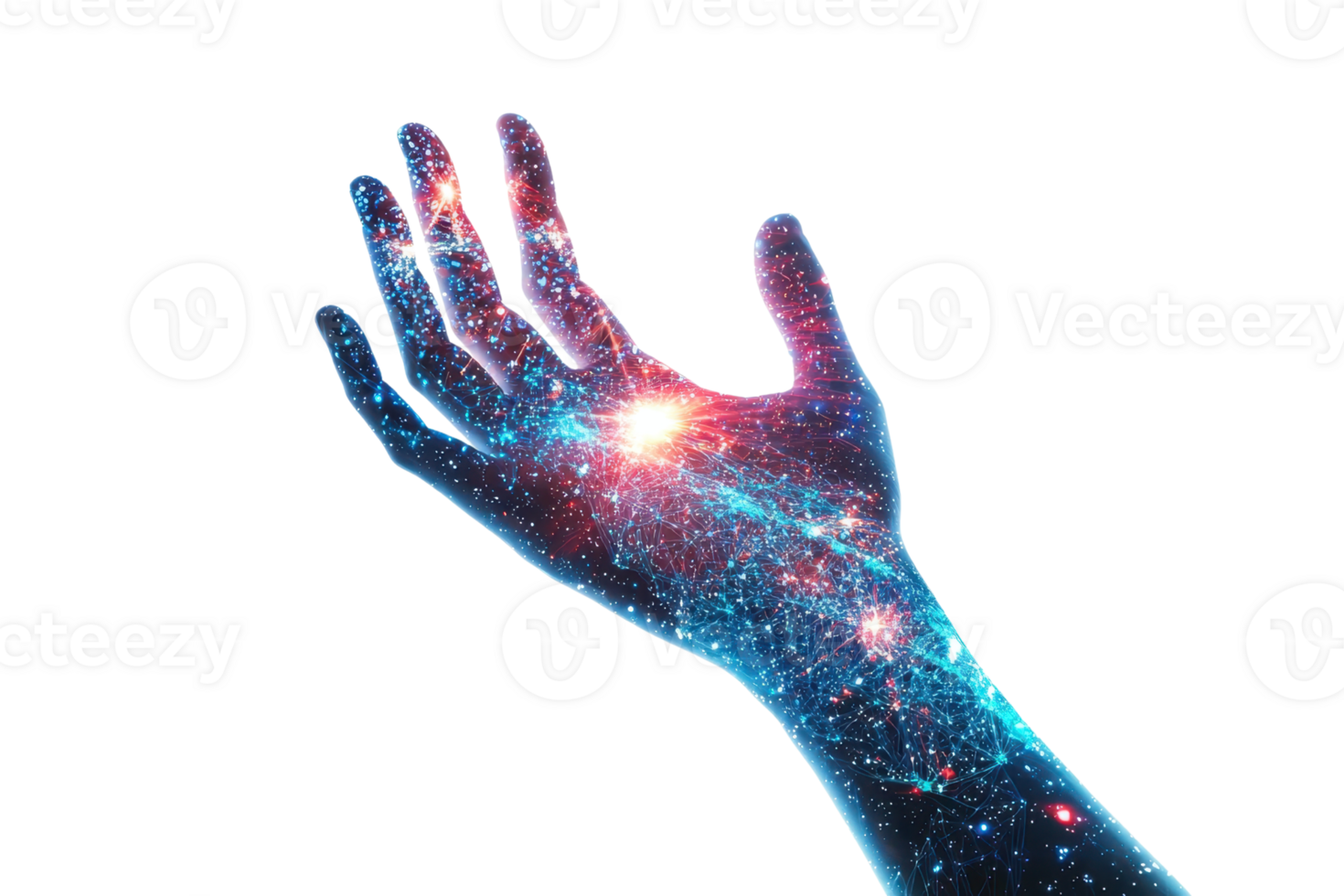 A cosmic hand extends outward, filled with vibrant galaxies and stars, symbolizing connection with the universe. png