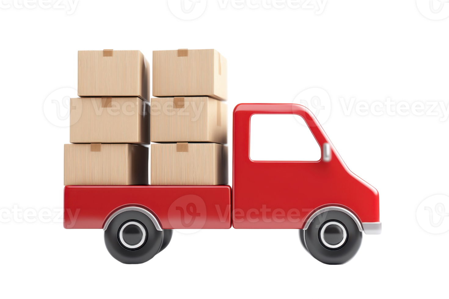A red delivery truck loaded with stacked cardboard boxes. png