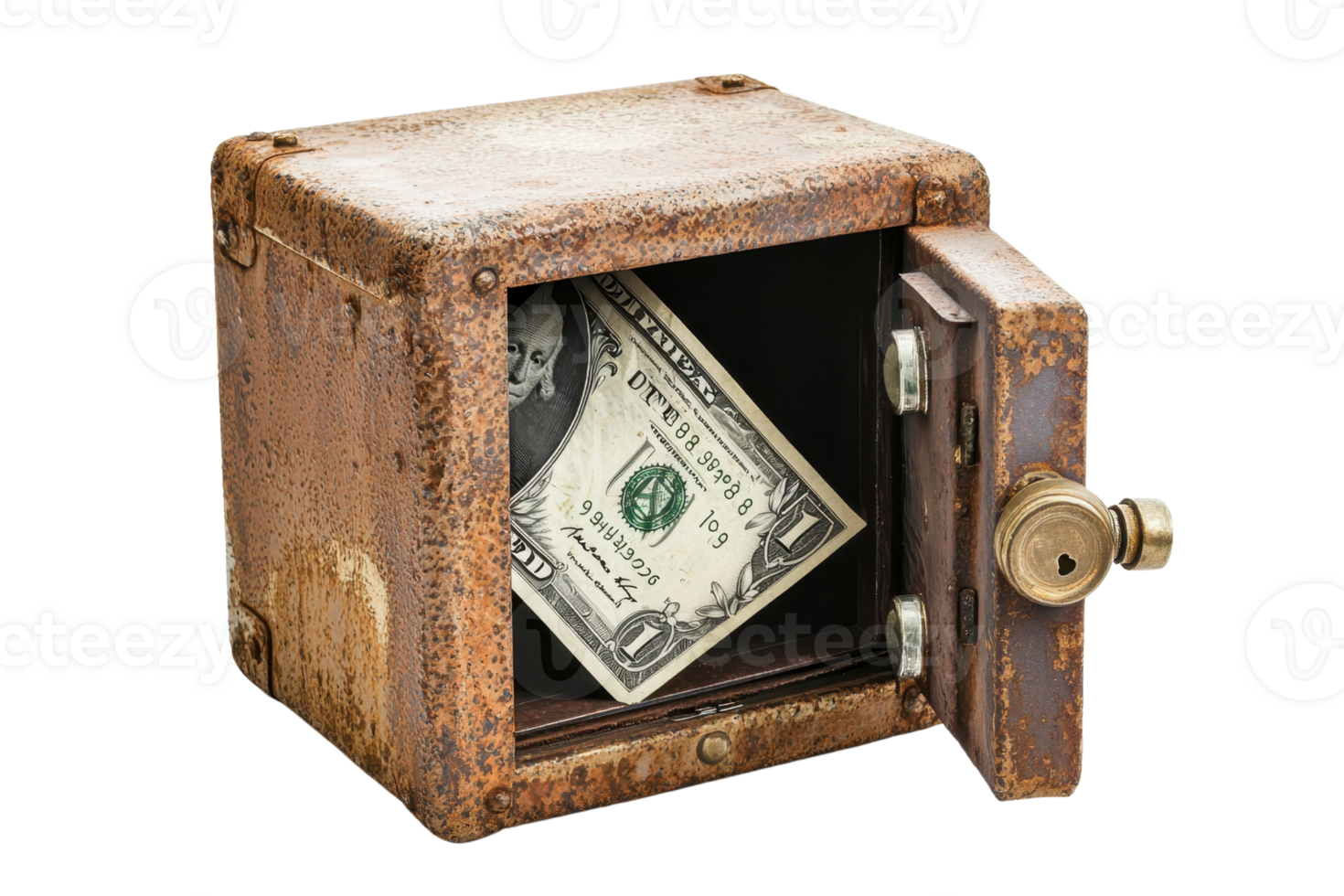 A rusty safe with an open door, containing a single dollar bill inside. png
