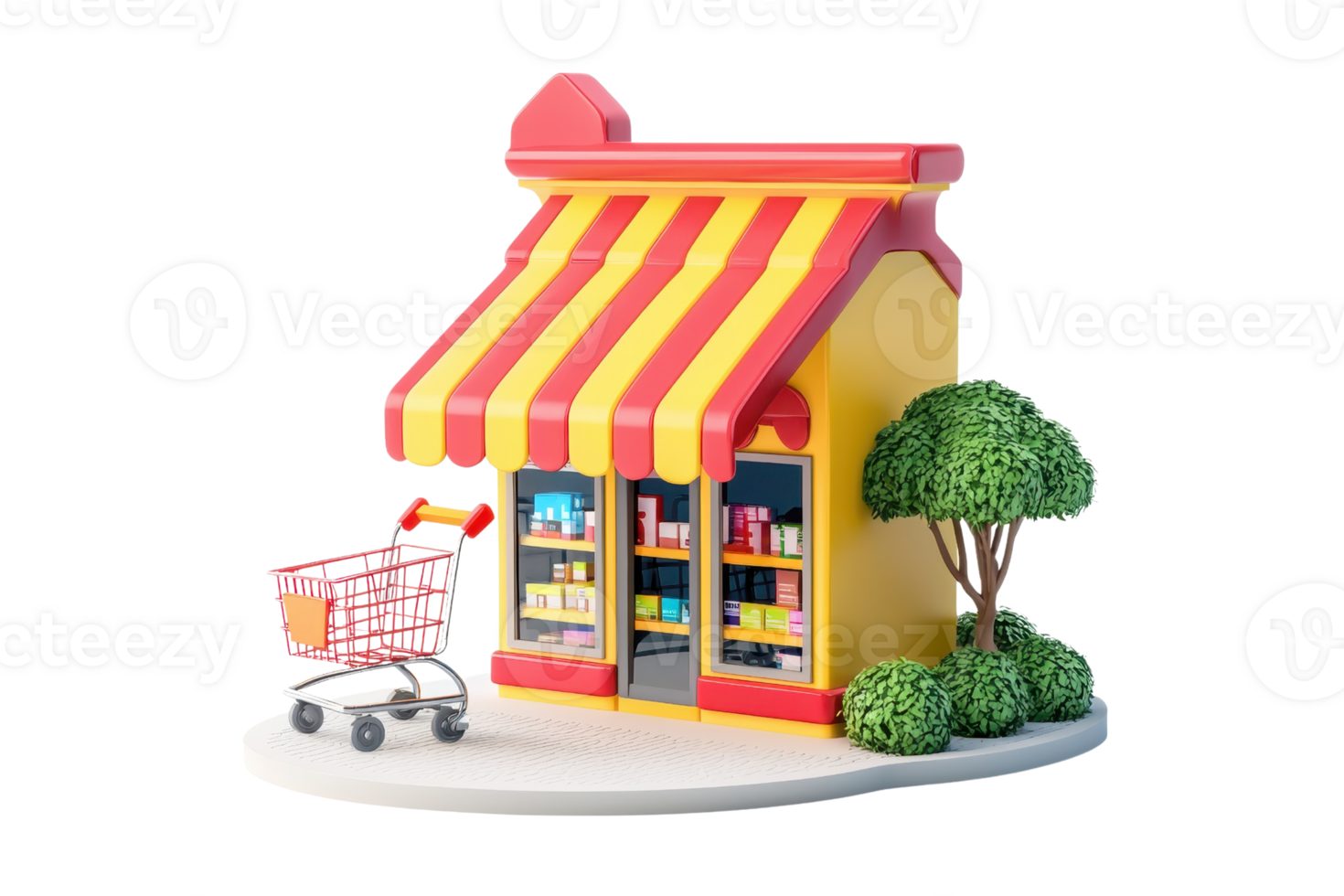 A colorful, stylized convenience store complete with a striped awning, shelves of products, and a shopping cart nearby. png