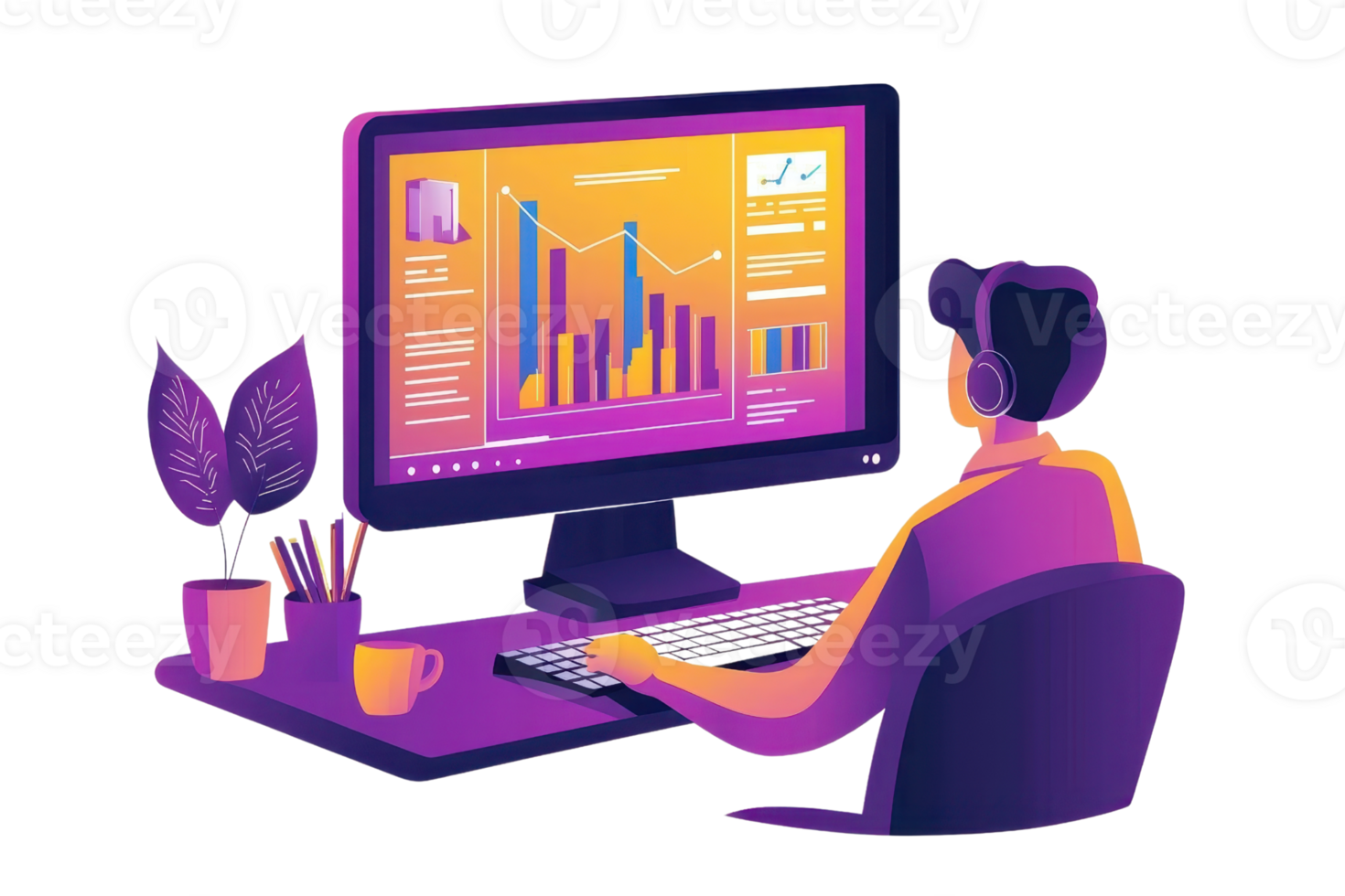 A person analyzing colorful data visualizations on a monitor while seated at a desk with plants and stationary. png