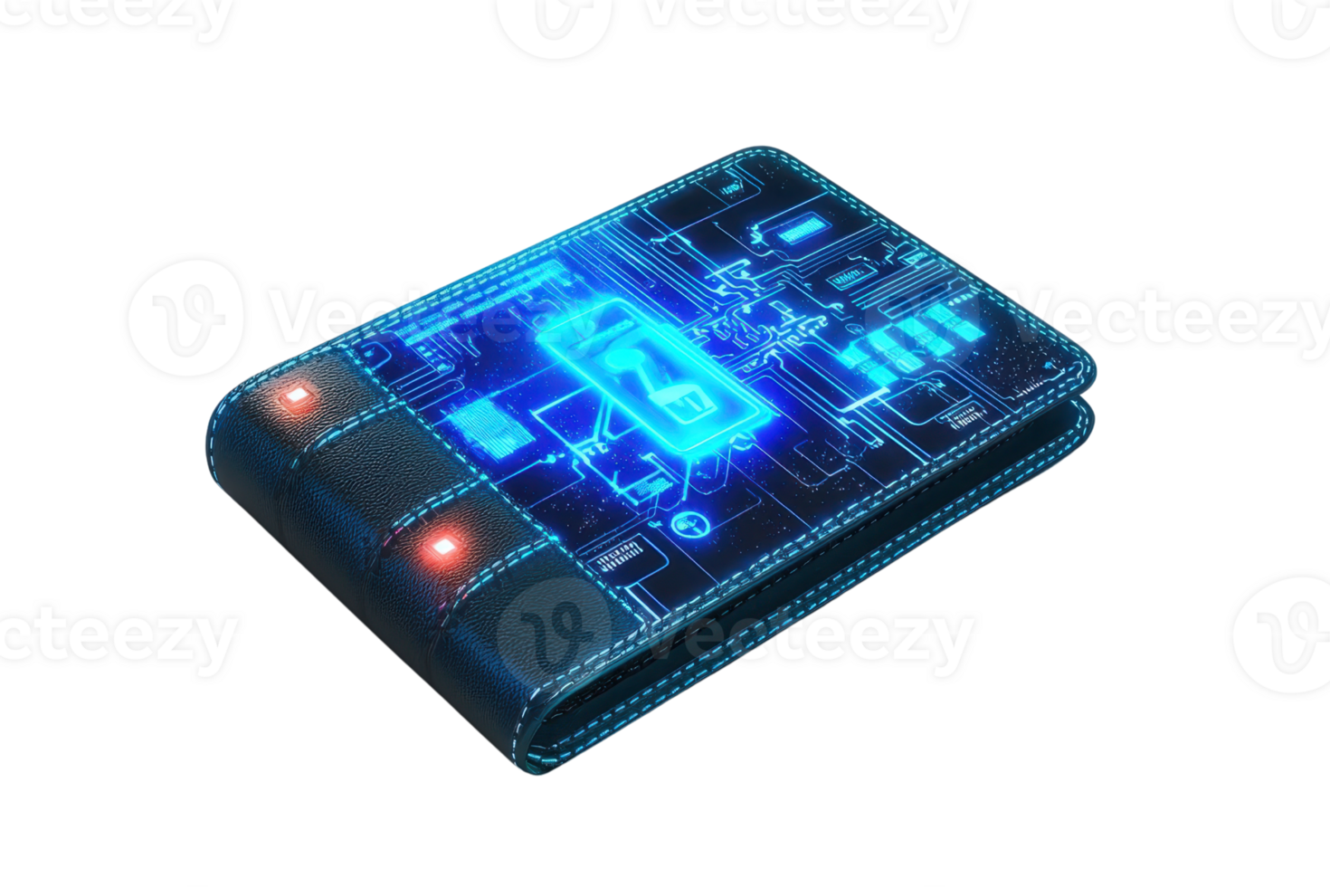 A futuristic wallet featuring a digital interface with glowing circuits and symbols. png