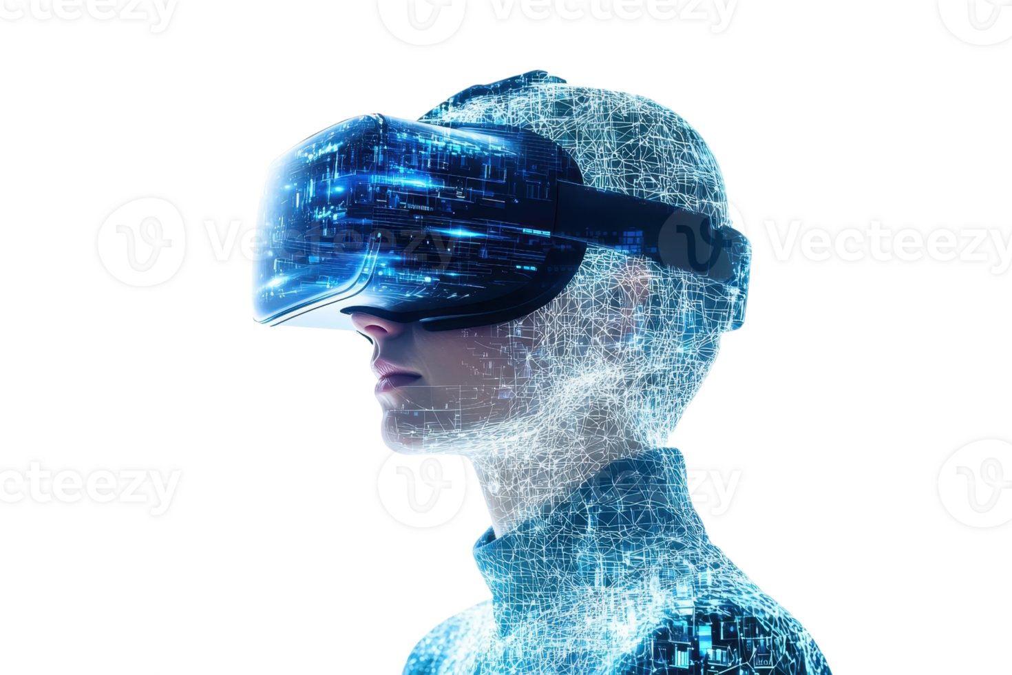 A futuristic figure wearing a VR headset, displaying a digital and geometric pattern across its surface, symbolizing advanced technology. png