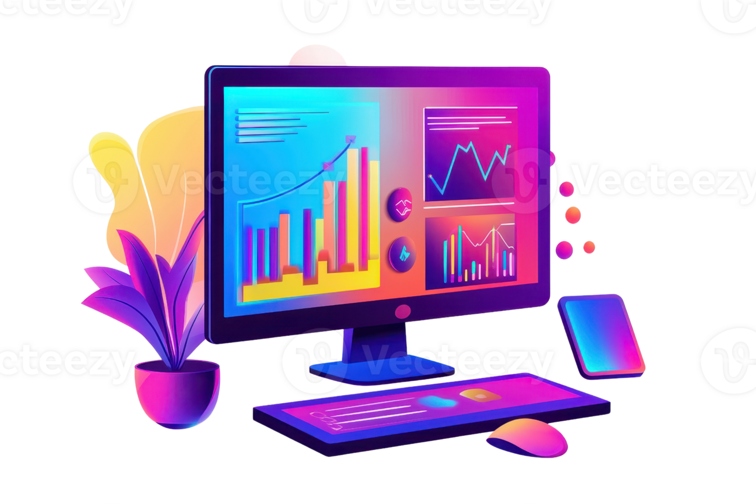 A vibrant computer setup displaying colorful graphs and charts, complemented by a decorative plant. png