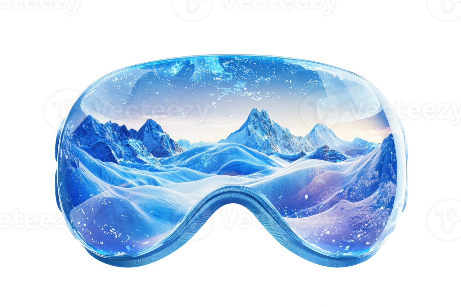 A pair of ski goggles featuring a stunning mountain landscape reflected in a blue, frosty design. png