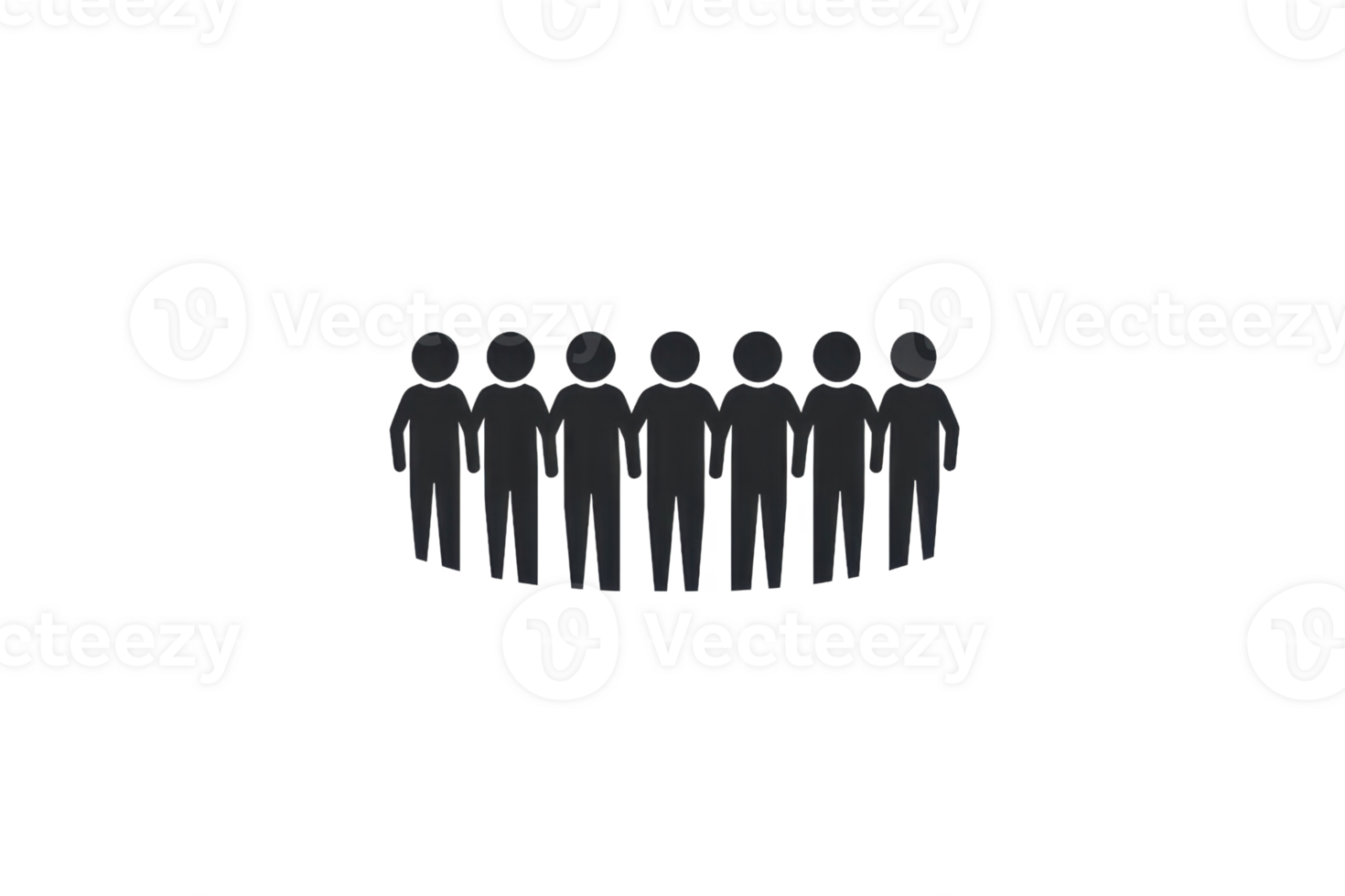 A series of minimalistic, dark silhouettes representing a group of seven figures positioned closely together. png