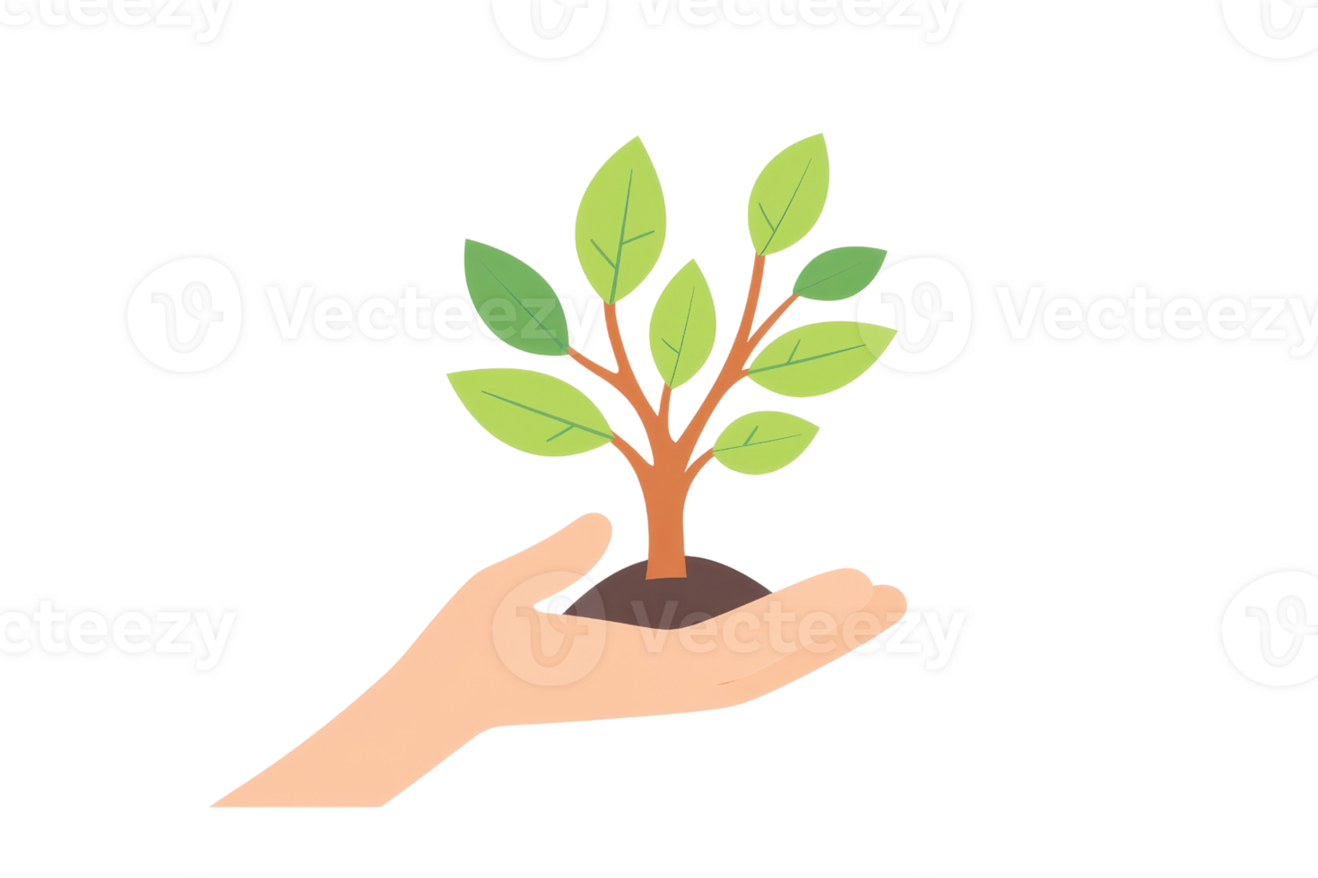 A hand supports a small tree with green leaves, symbolizing care and growth in nature. png
