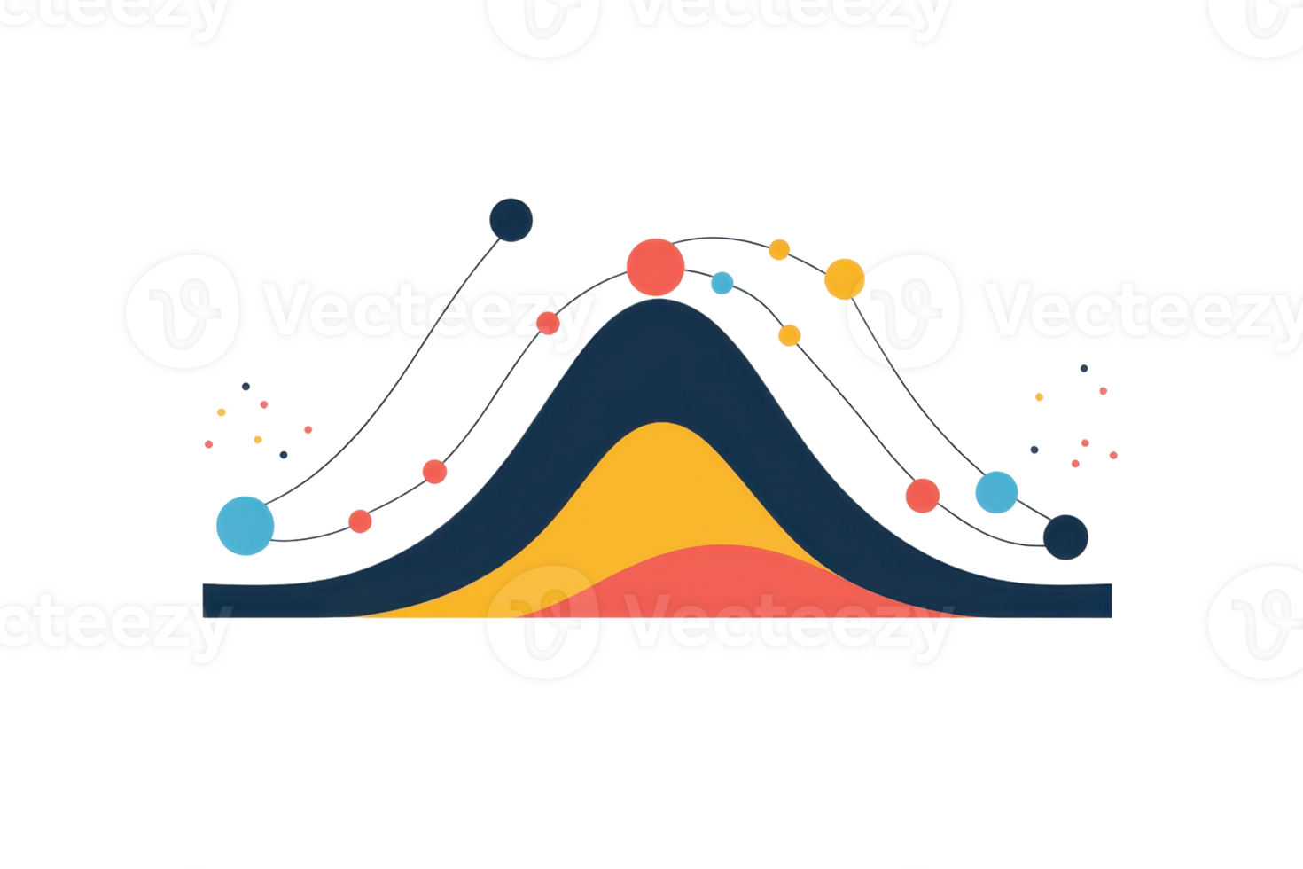A colorful, abstract representation of data trends and peaks with circular elements scattered across a wave-like design. png