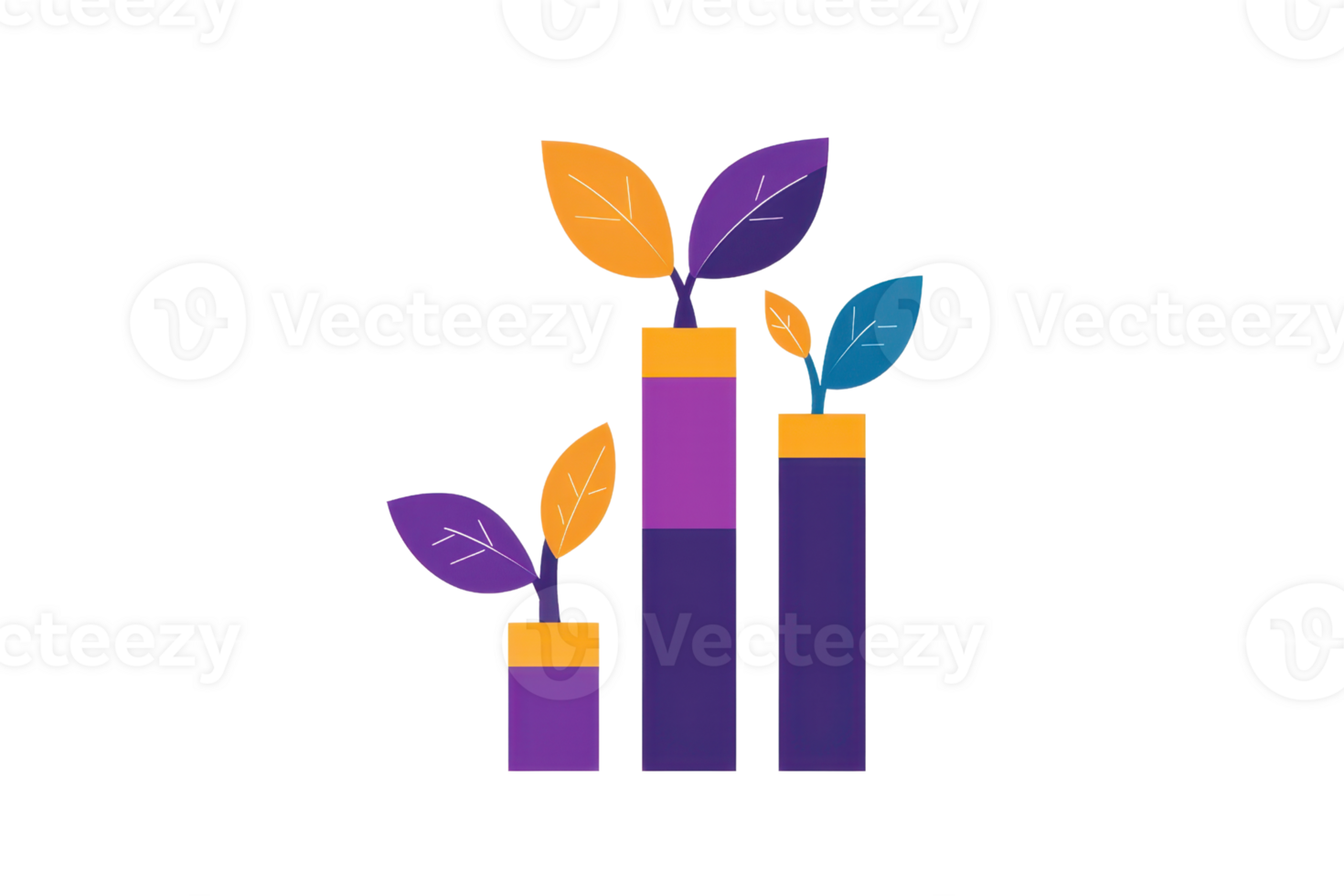 Growth bars with leaves symbolize progress and development, showcasing rising potential through unique, colorful designs. png