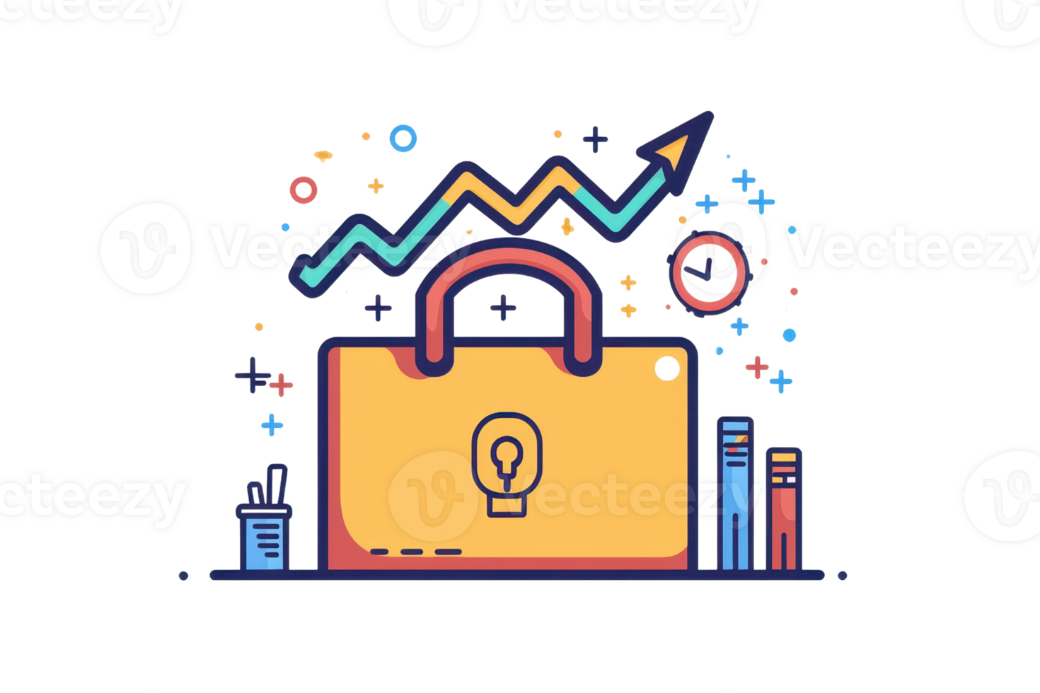 A colorful illustration of a padlock on a briefcase with a light bulb icon, symbolizing security, knowledge, and growth. png