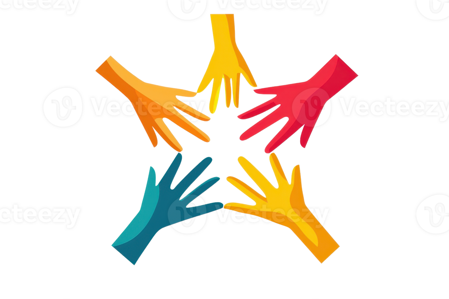 Colorful hands arranged in a star formation, symbolizing unity and collaboration. png