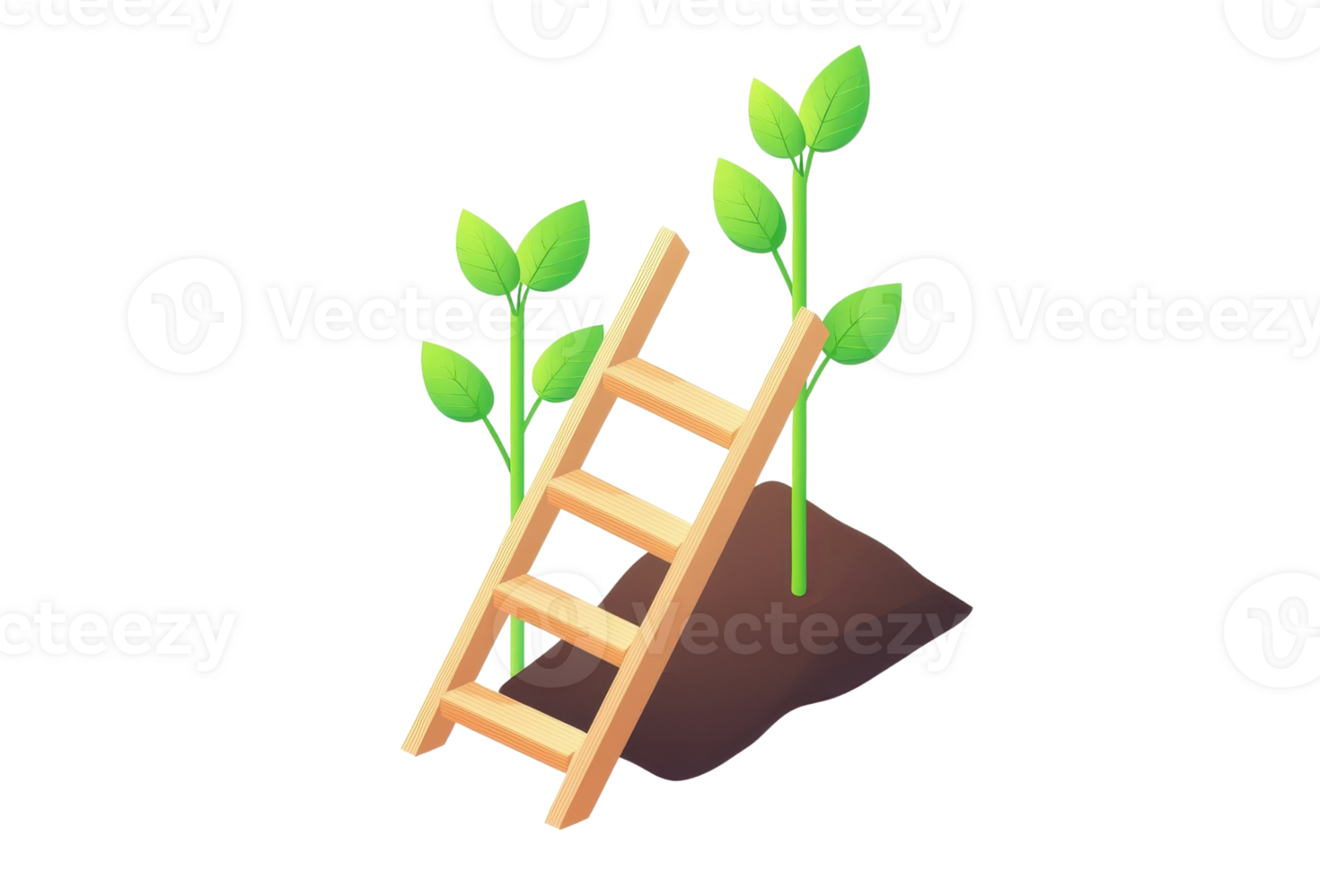 A wooden ladder placed next to two sprouting green plants growing from brown soil. png