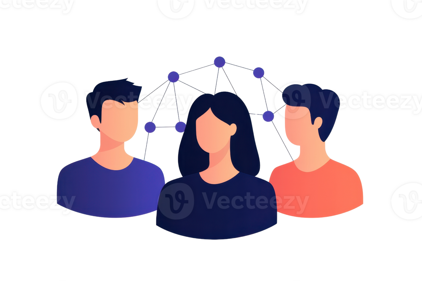 Three stylized figures representing diverse individuals connected by a network of nodes, illustrating community or collaboration. png