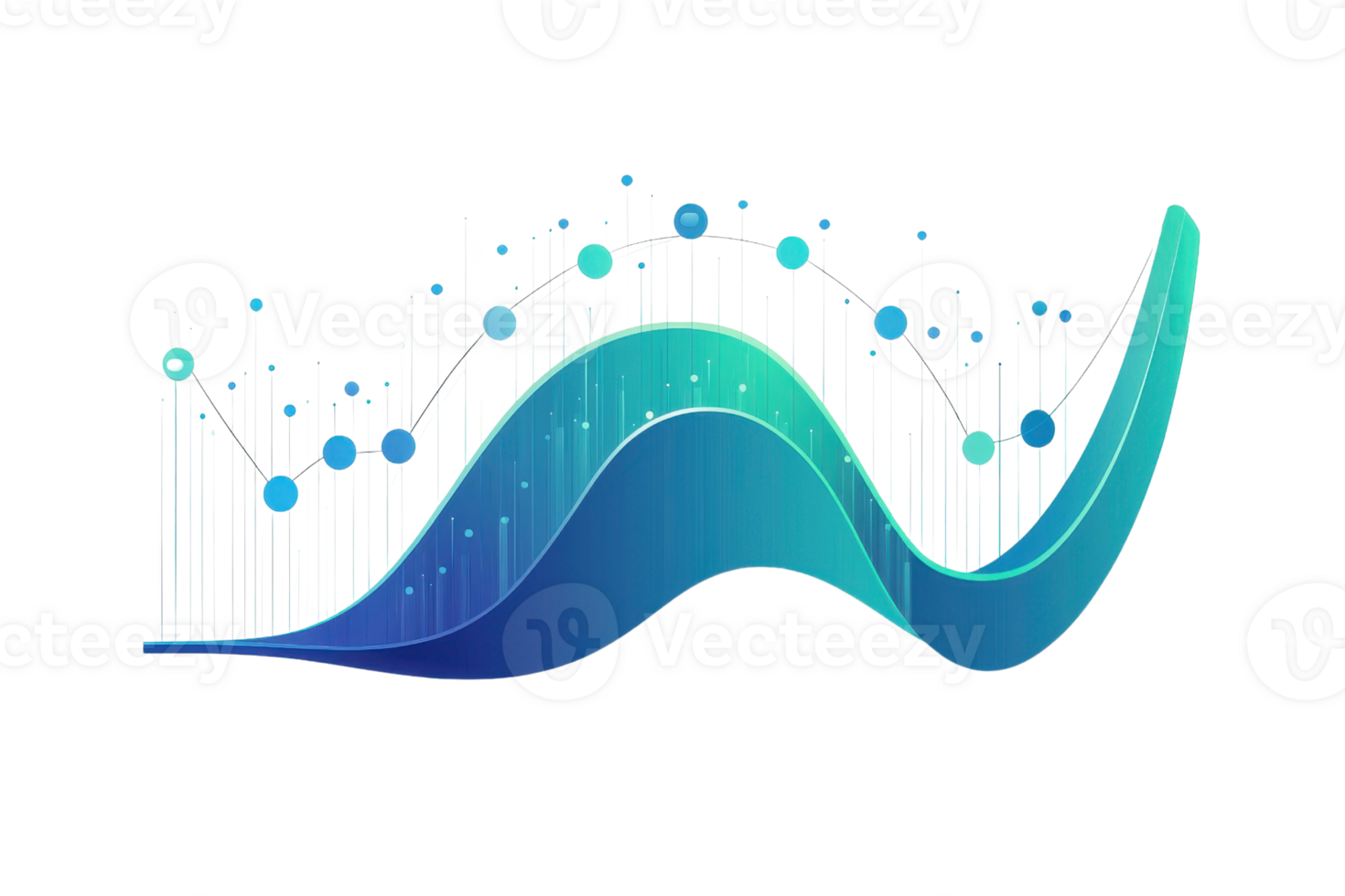 A modern, abstract wave graphic featuring varying shades of blue and green, overlaid with data points along vertical lines. png