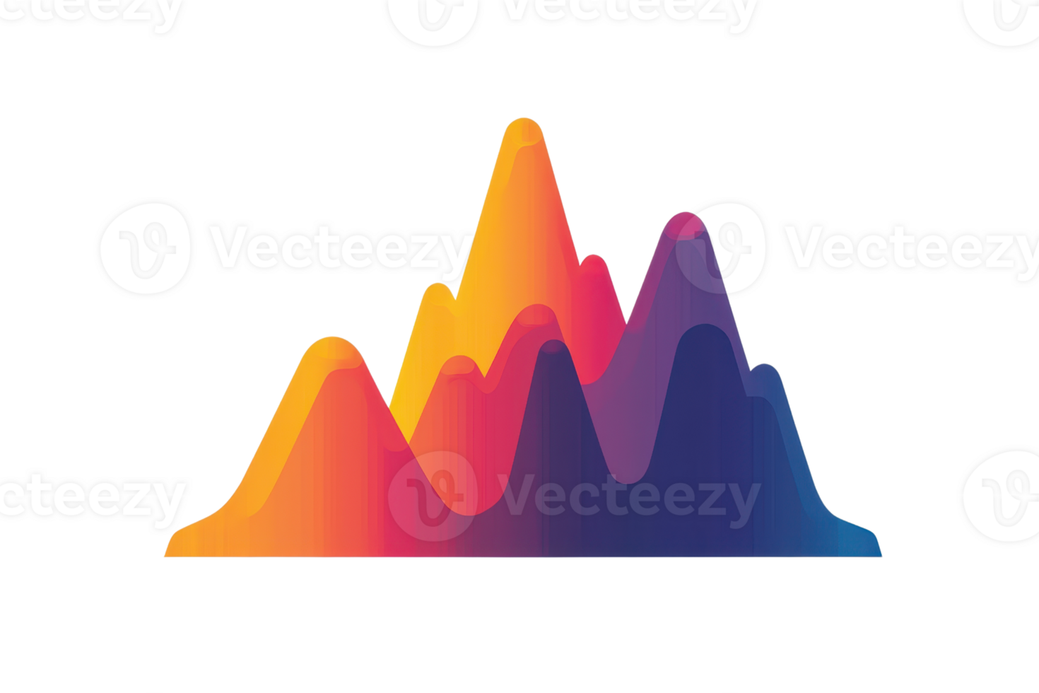 Vibrant, colorful waveforms resembling mountain peaks in various shades of orange, pink, and blue, representing sound or data visualization. png