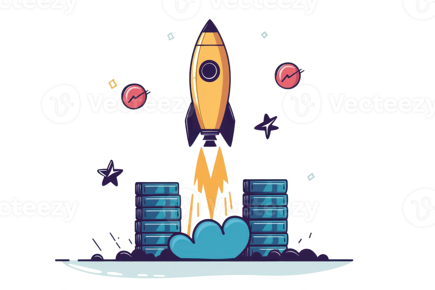 A vibrant rocket launches into the sky, surrounded by colorful elements, representing innovation and adventure. png