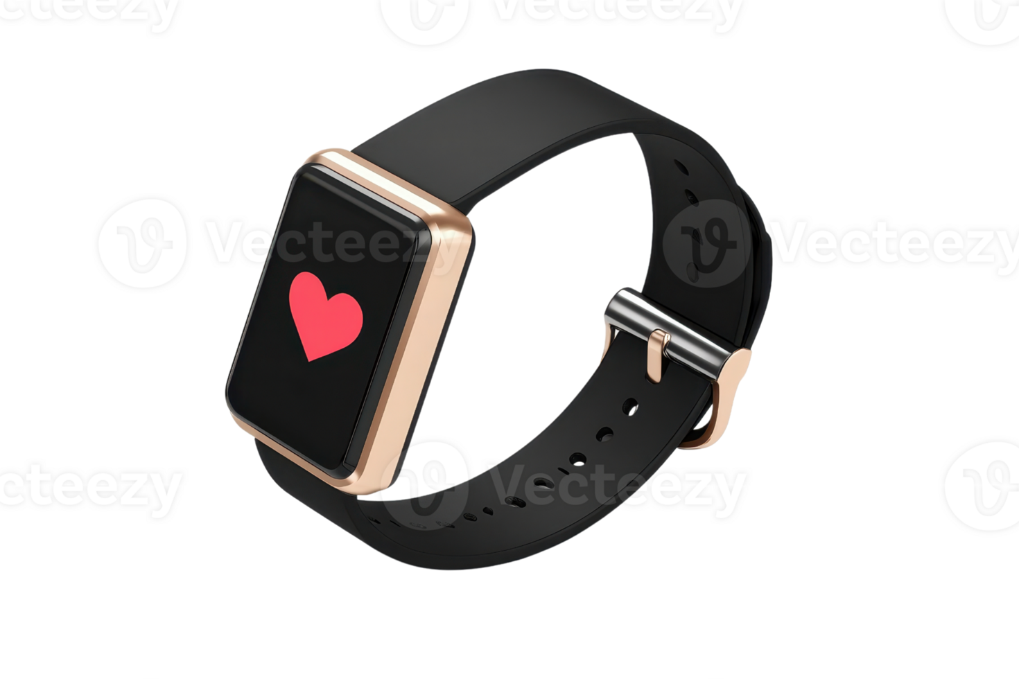 A sleek smartwatch featuring a black strap and a gold frame, displaying a red heart icon on its screen. png