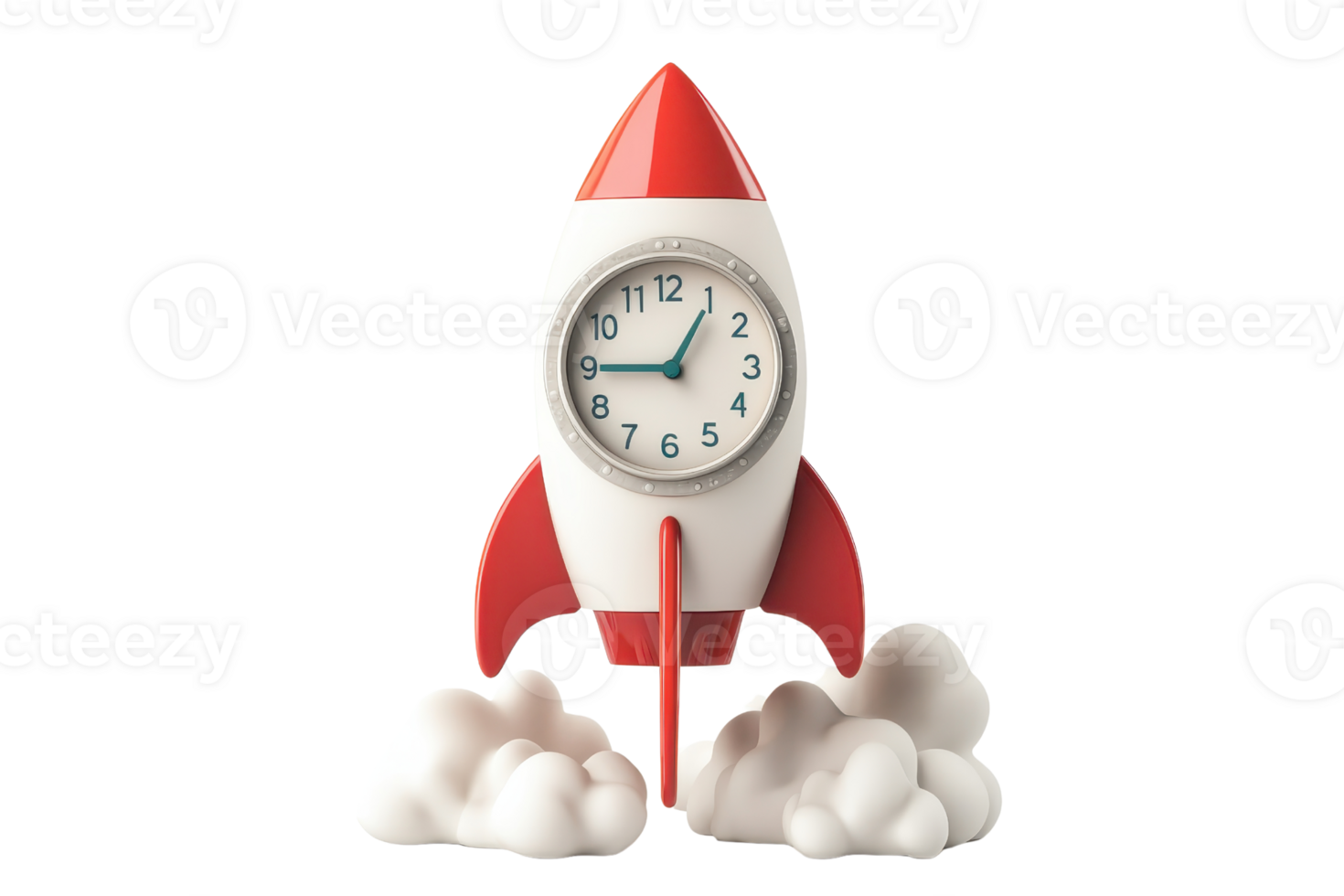 A whimsical clock designed as a rocket, complete with red accents and fluffy white clouds, symbolizing adventure and time. png
