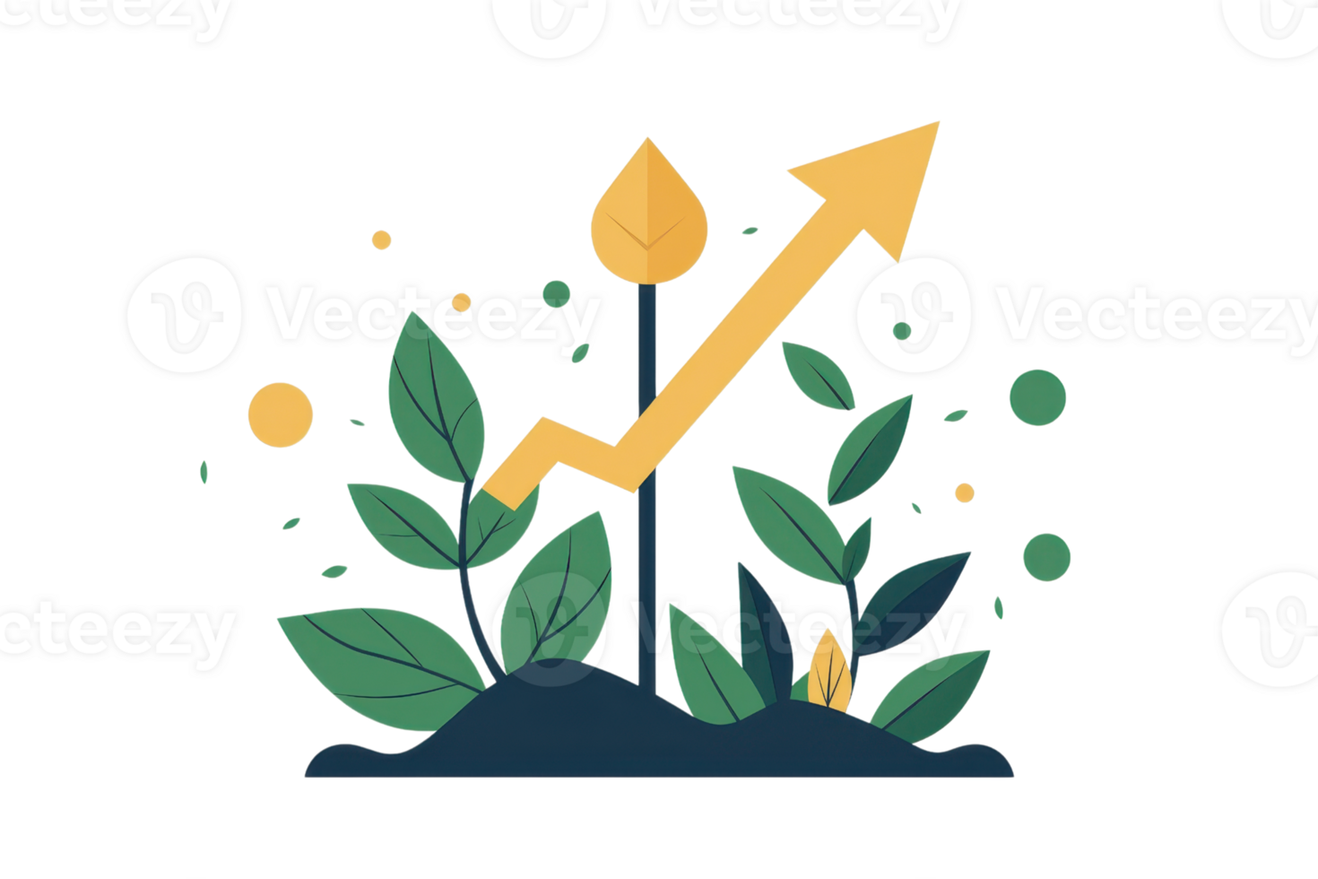 A rising arrow intersects green leaves and droplets, symbolizing growth and progress in a natural context. png