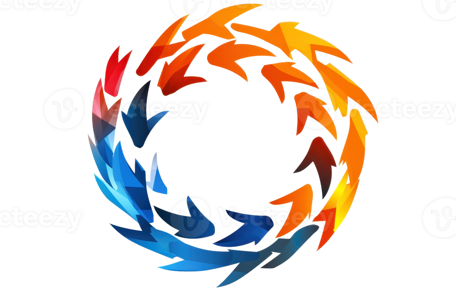 A circular arrangement of colorful arrows in various shades, symbolizing movement and direction. png