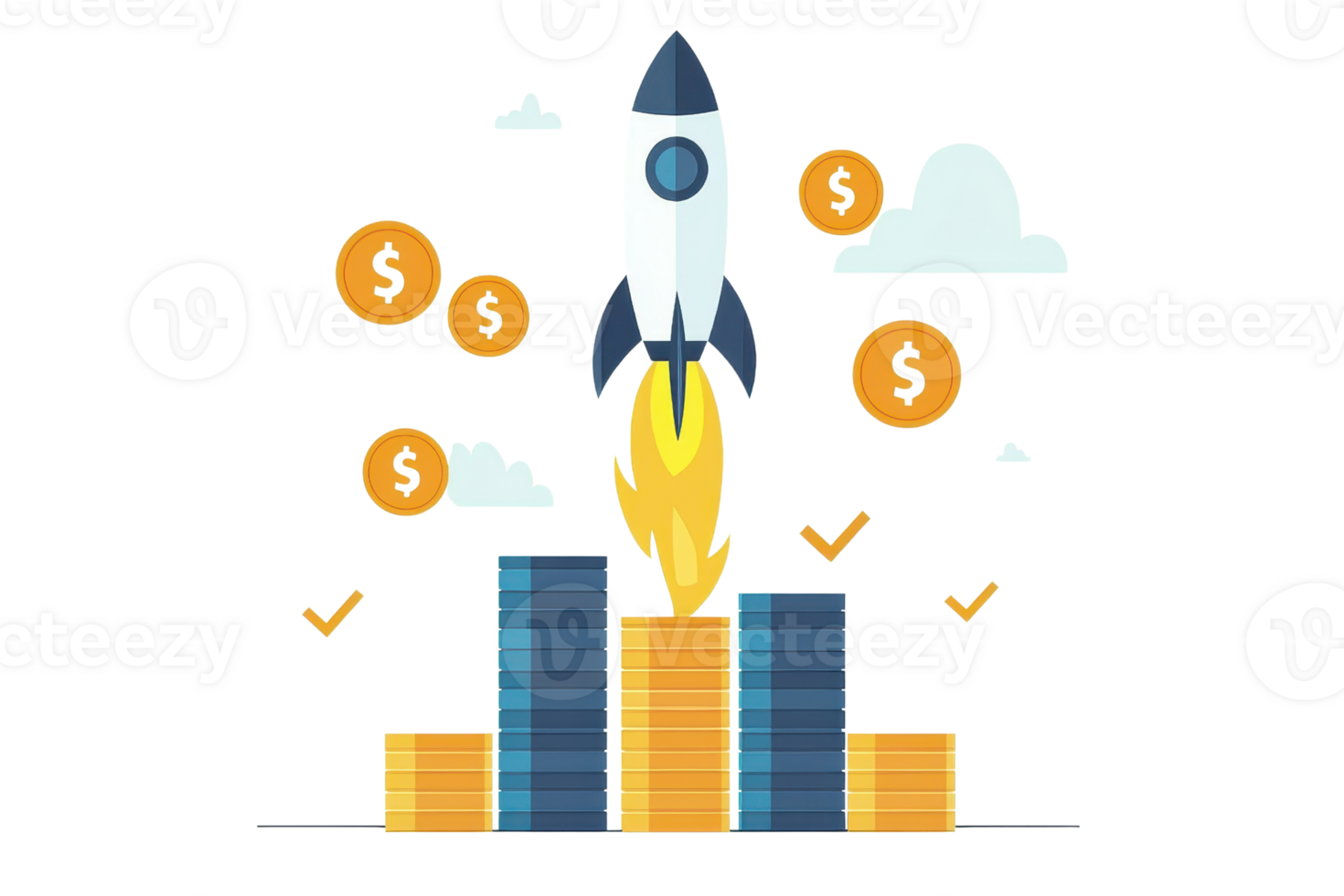 A rocket is launching upward amidst stacks of coins and dollar signs, symbolizing financial success and growth. png