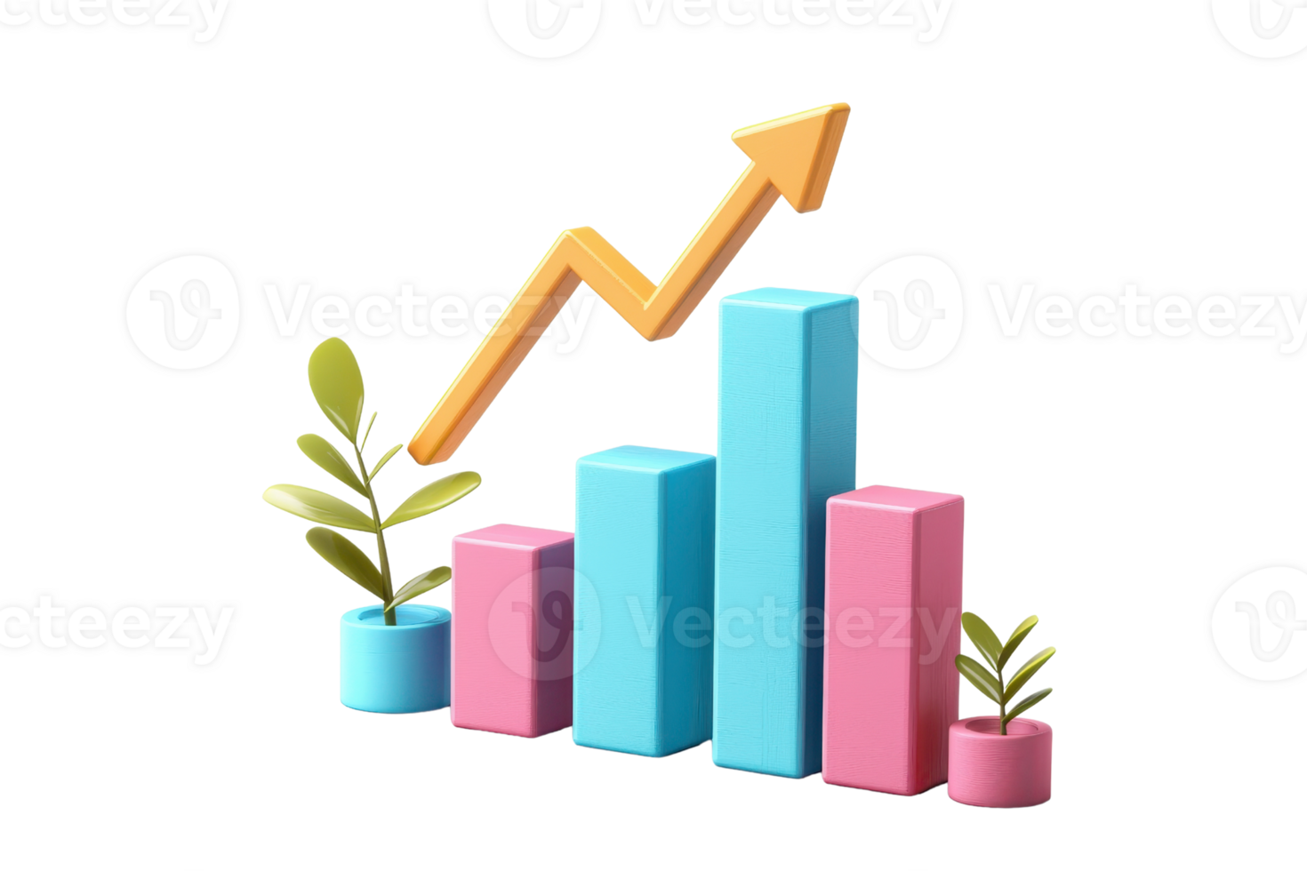A colorful bar chart with an upward arrow, accompanied by small green plants, symbolizing growth and progress. png