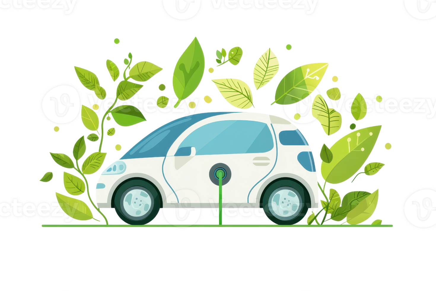 A white electric car with green accents surrounded by vibrant leaves, symbolizing eco-friendliness and sustainability. png