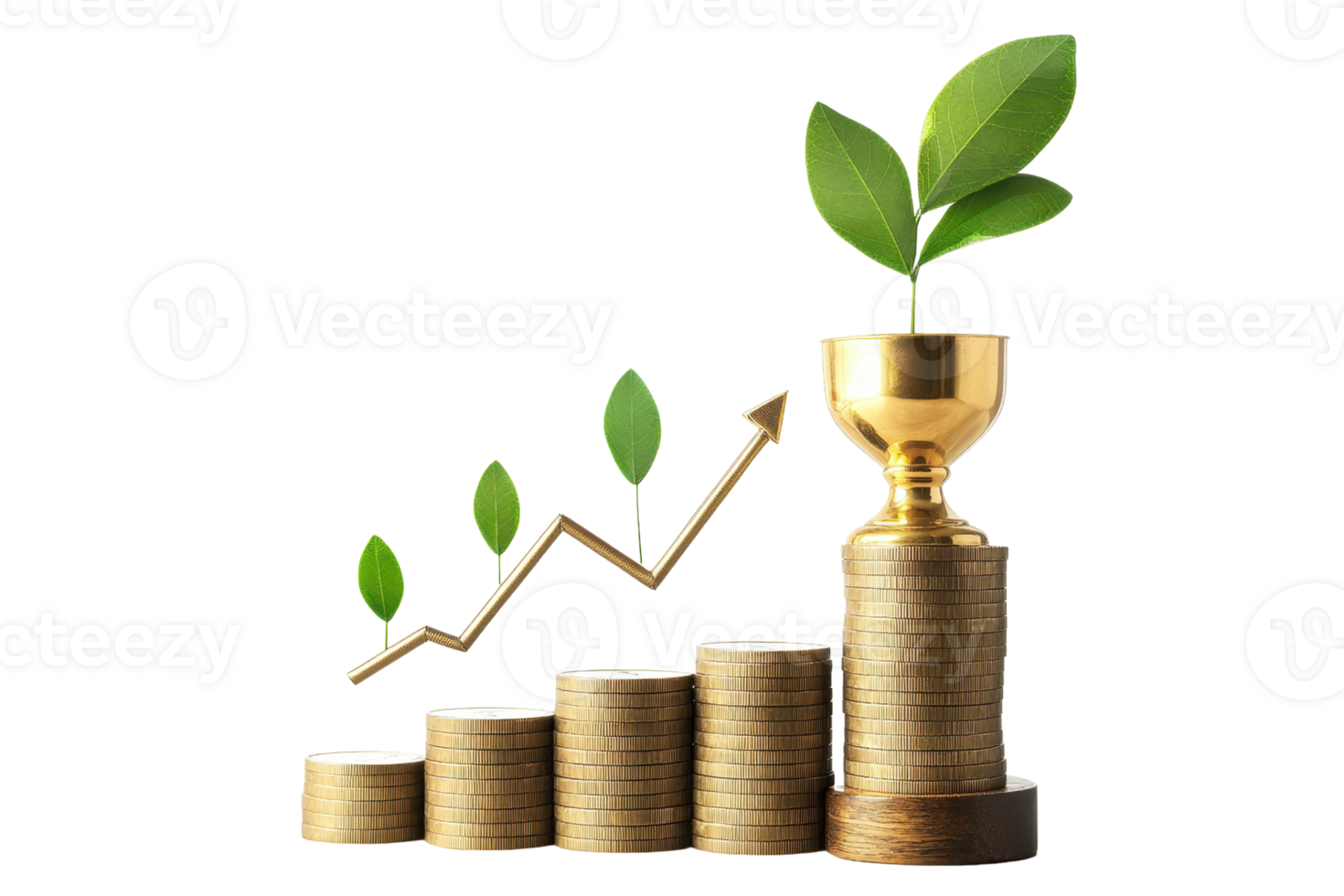 A stack of coins topped with a trophy and a growing plant symbolizes financial growth and investment. png