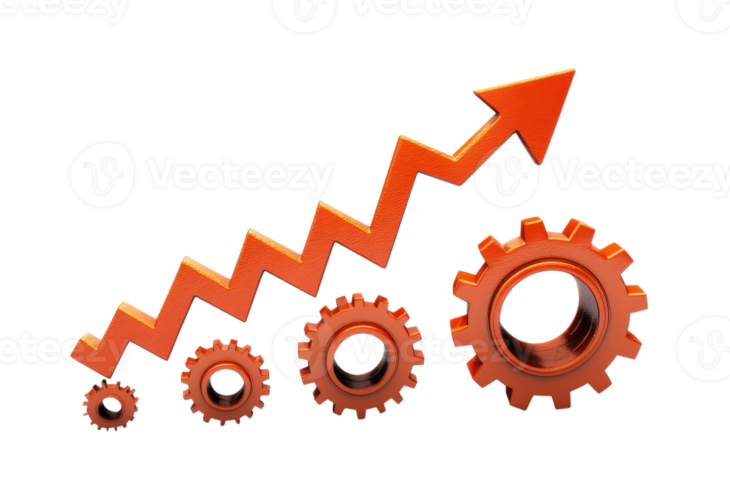 An upward arrow alongside four gears symbolizes progress, efficiency, and growth in a business or technological context. png