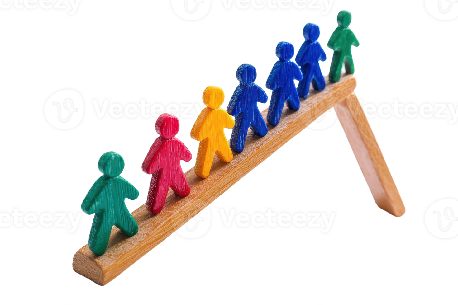 Colorful figures balance on a sloped wooden base, illustrating stability and teamwork in a playful manner. png