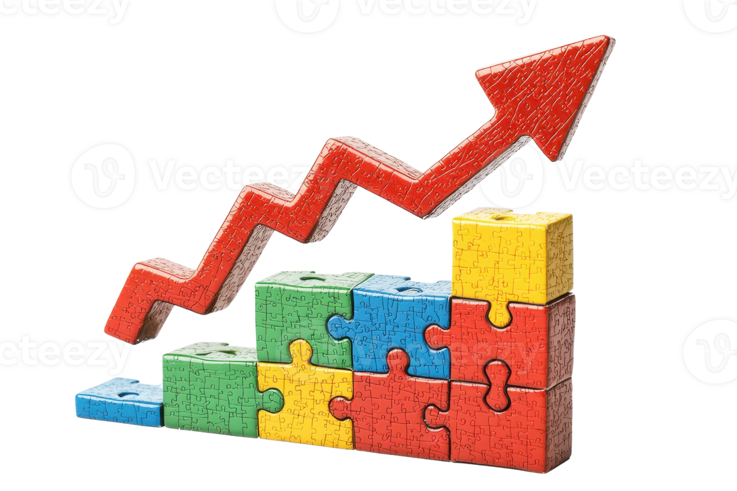 A colorful puzzle chart illustrating upward growth with an arrow, symbolizing progress and success. png