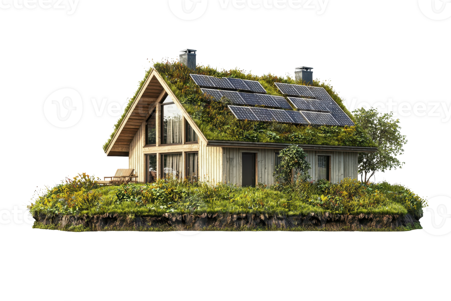 A modern eco-friendly house adorned with greenery and solar panels, showcasing sustainable living. png