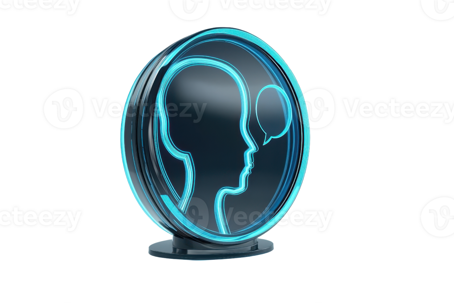 A glowing circular icon depicting a silhouette of a head with a speech bubble, symbolizing communication or conversation. png