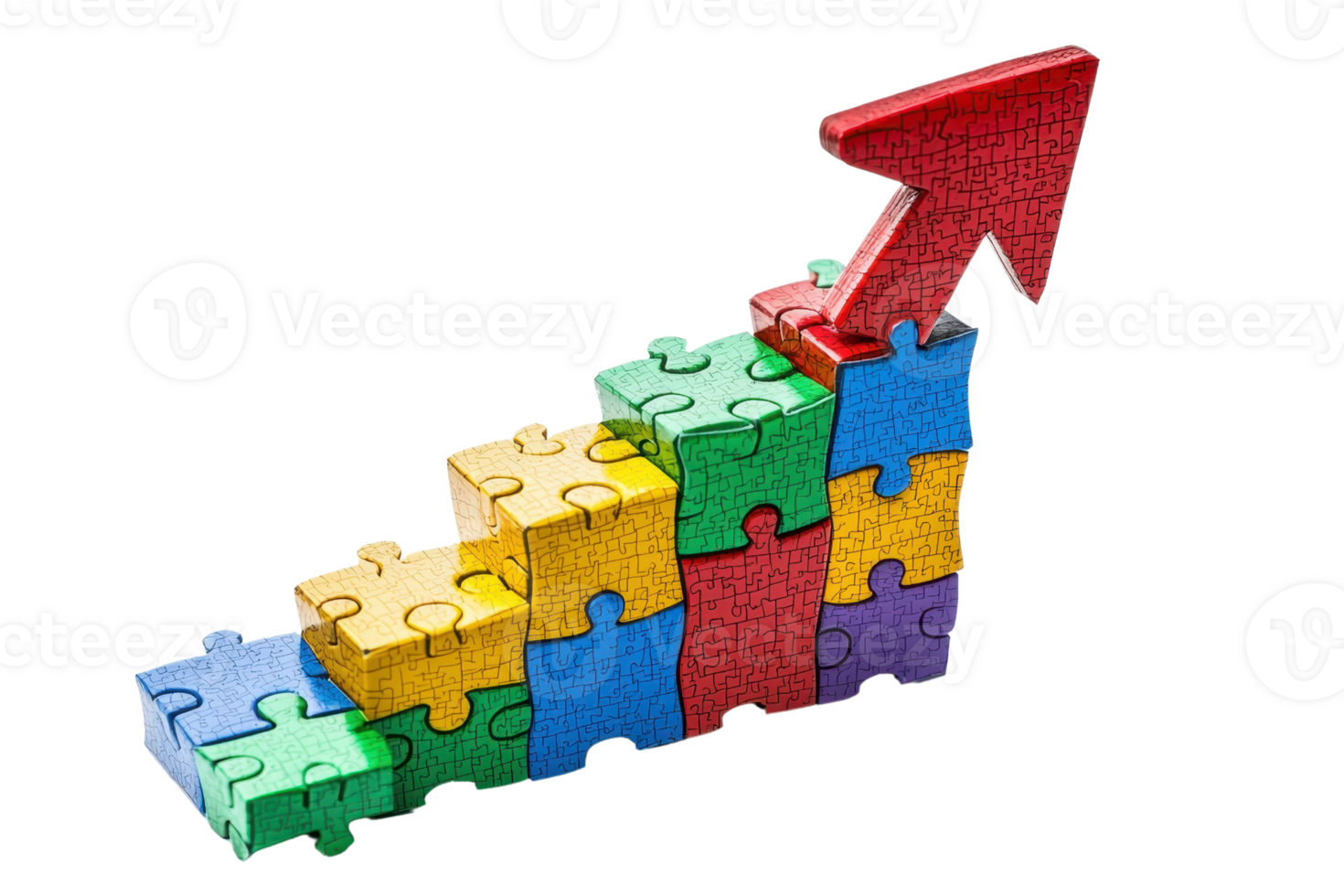 A colorful stack of puzzle pieces forms a staircase, leading up to a bold red arrow symbolizing growth and progress. png