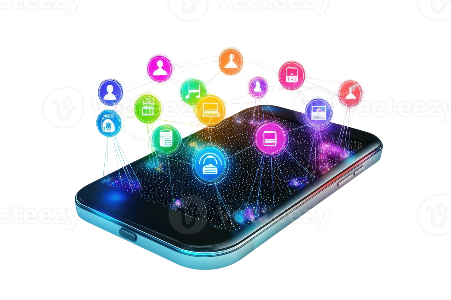 A smartphone with colorful icons representing various applications and connected elements. png
