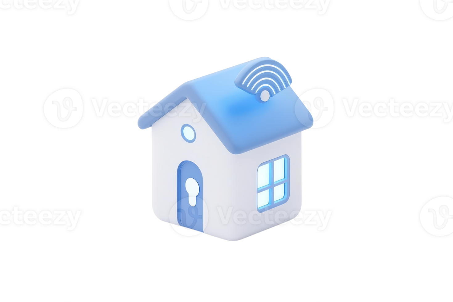 A stylized icon of a house with a blue roof, featuring a door and window, symbolizing connectivity through a wireless signal. png