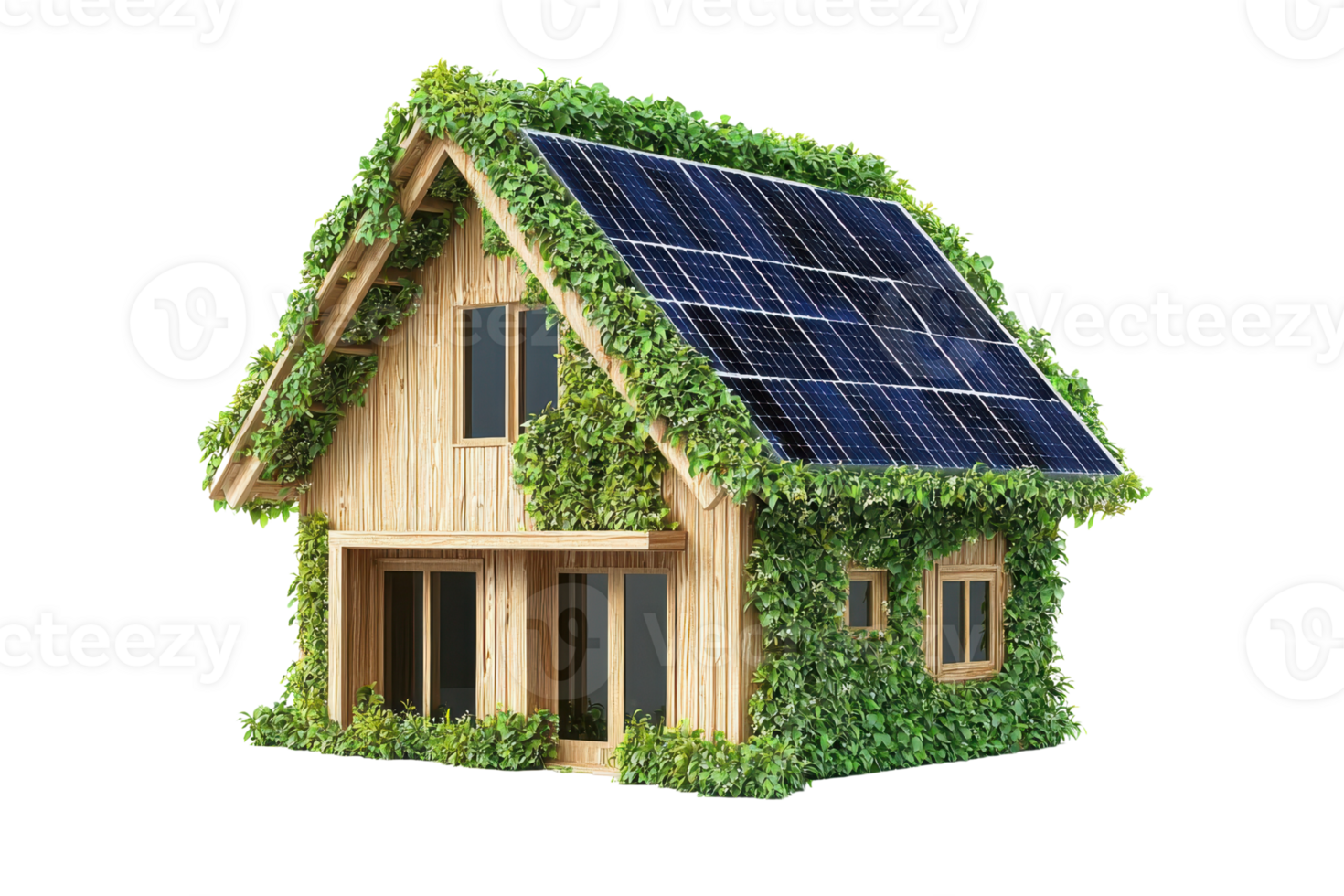 A miniature house covered in greenery and featuring solar panels on the roof. png