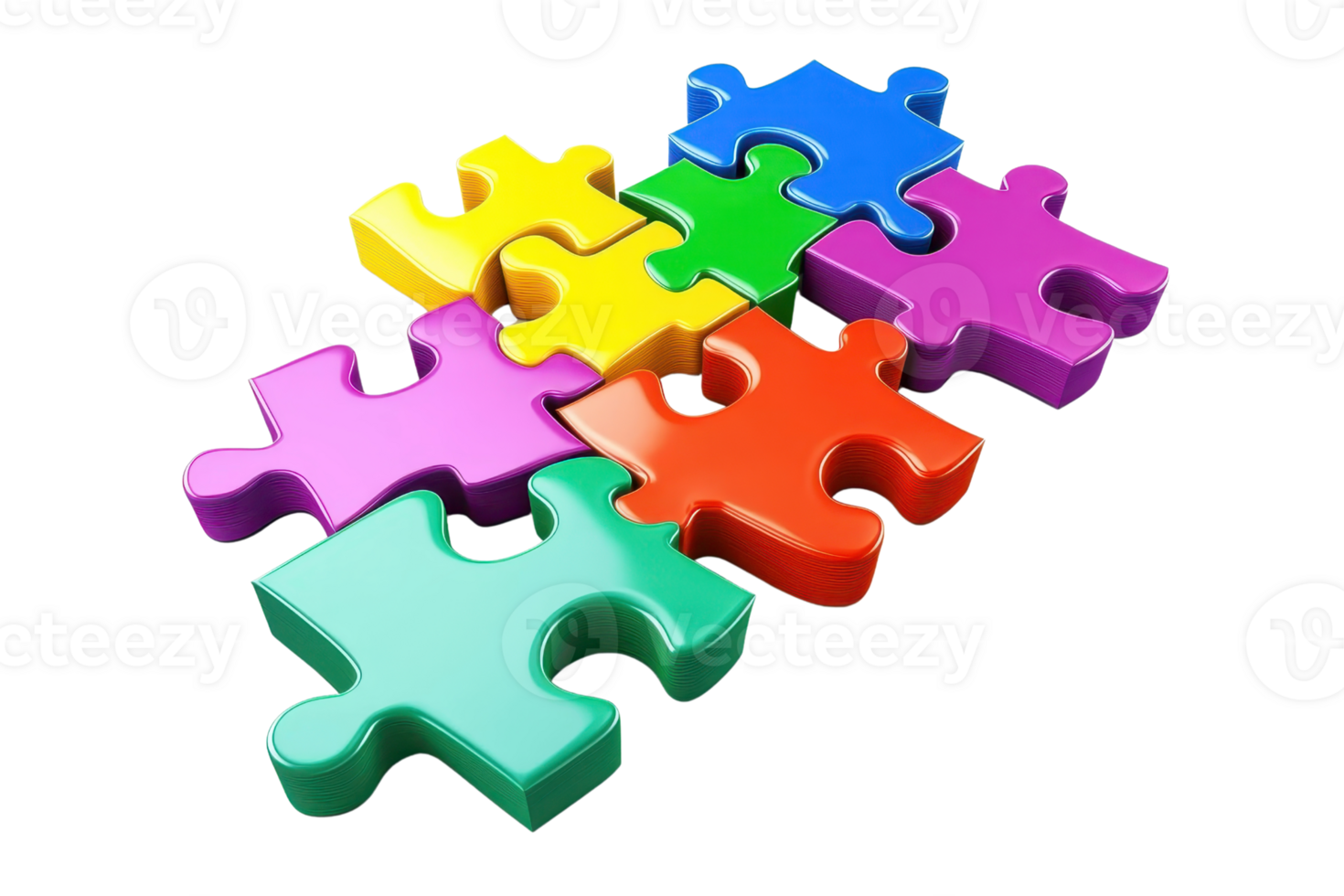 Colorful interlocking puzzle pieces arranged creatively in various shapes and hues. png