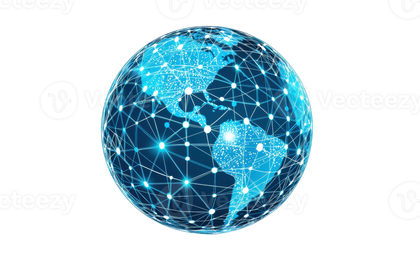 A stylized, interconnected globe depicting the Americas with vibrant blue lines representing networks and digital connections. png