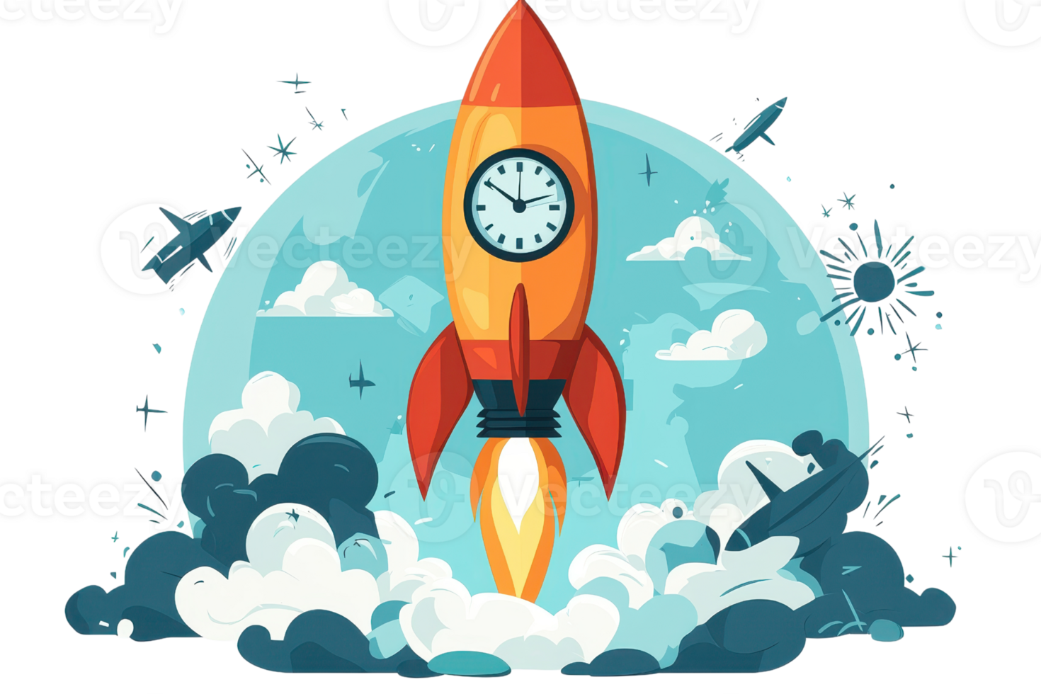 A vibrant rocket launching with flames, featuring a clock and surrounded by clouds, symbolizing adventure and exploration. png