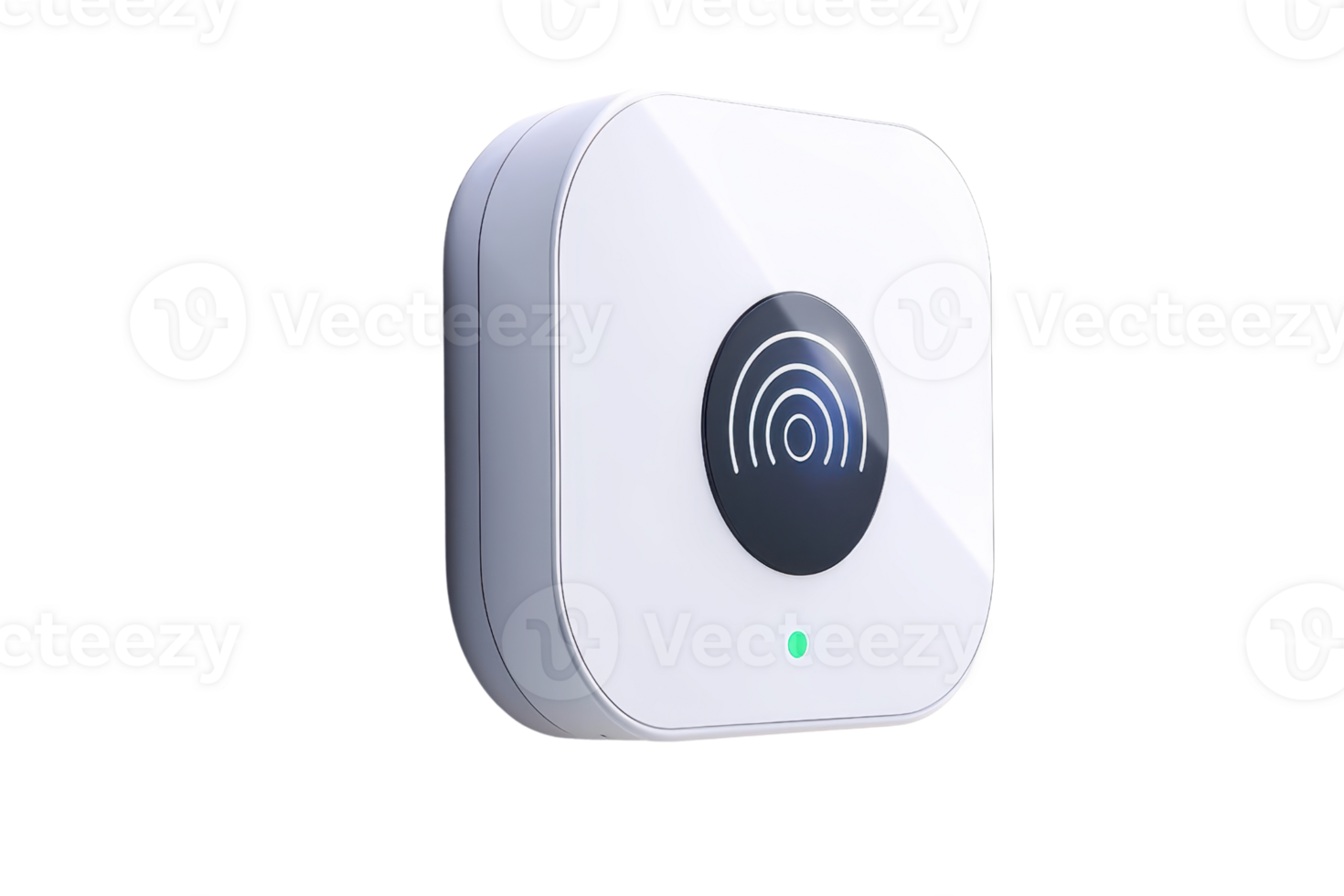 A sleek, white wireless device featuring a circular interface and a glowing indicator light, designed for connectivity and signal transmission. png