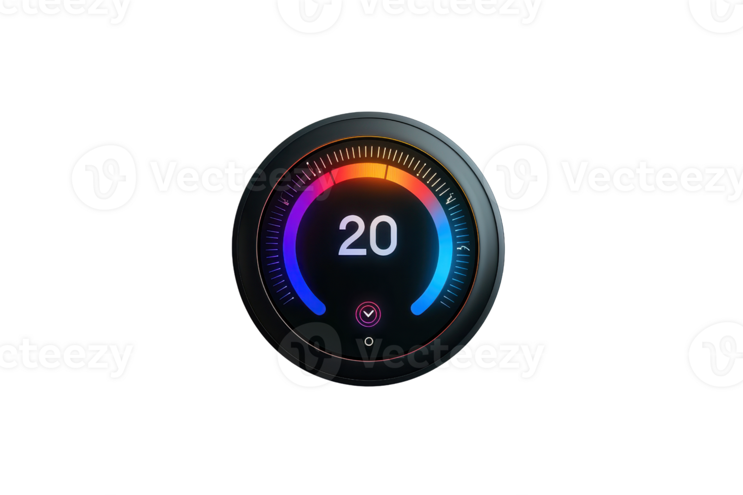 A digital thermostat display shows a temperature setting of 20 degrees, with a colorful temperature range indicator. png